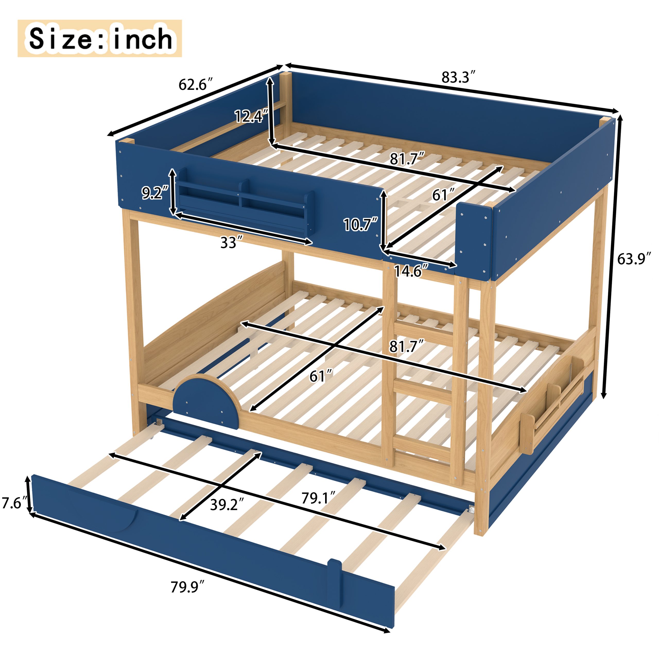 Queen Bunk Bed with Trundle , Wood Bunk Bed Frame with Built-in Bookshelf and High-quality Safety Guardrail,Automobile Form Design for Kids ,Blue＆Natural - Image 4