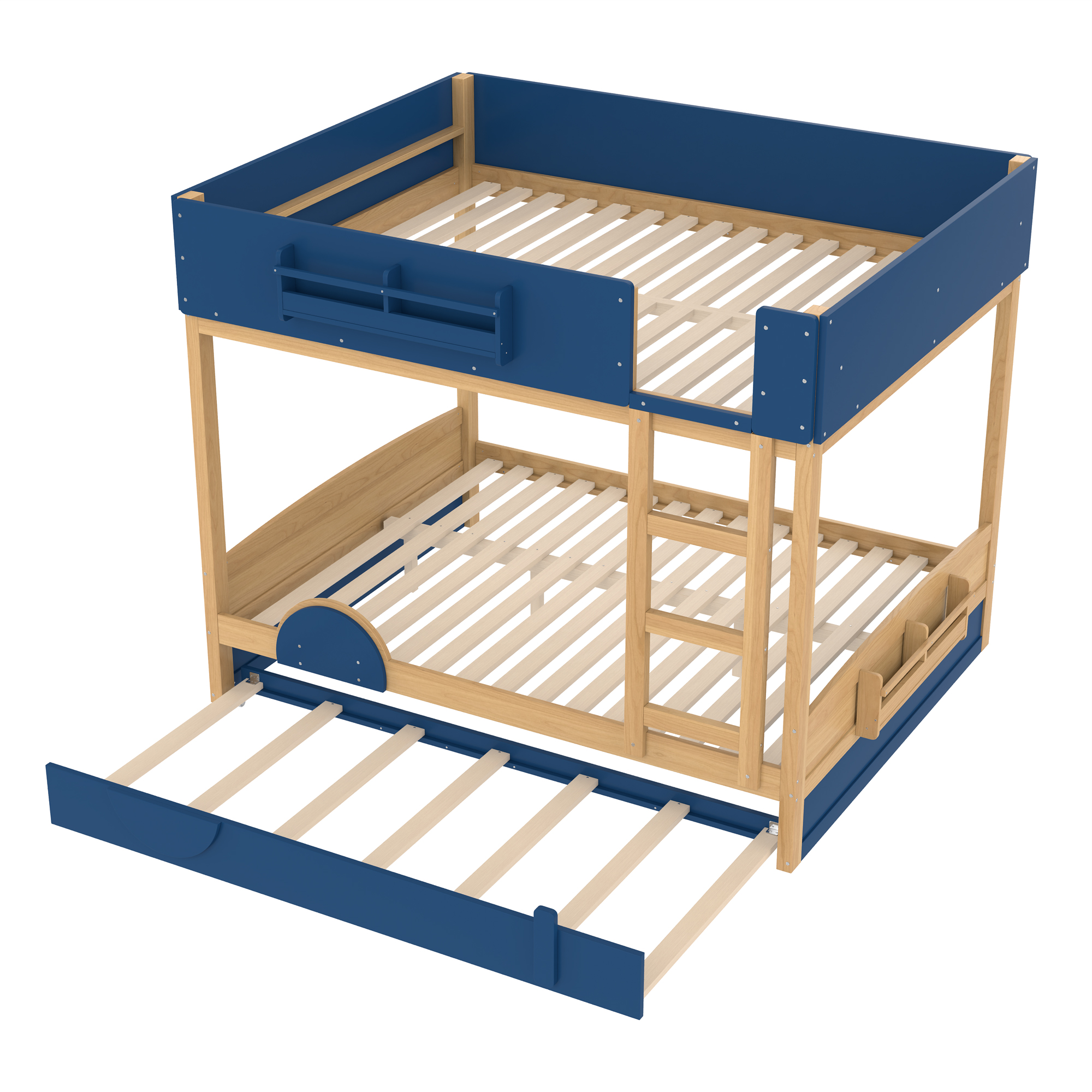 Queen Bunk Bed with Trundle , Wood Bunk Bed Frame with Built-in Bookshelf and High-quality Safety Guardrail,Automobile Form Design for Kids ,Blue＆Natural - Image 5
