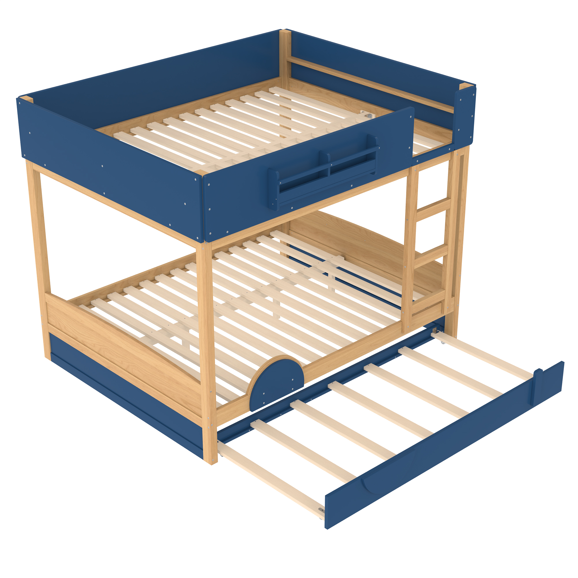 Queen Bunk Bed with Trundle , Wood Bunk Bed Frame with Built-in Bookshelf and High-quality Safety Guardrail,Automobile Form Design for Kids ,Blue＆Natural - Image 6