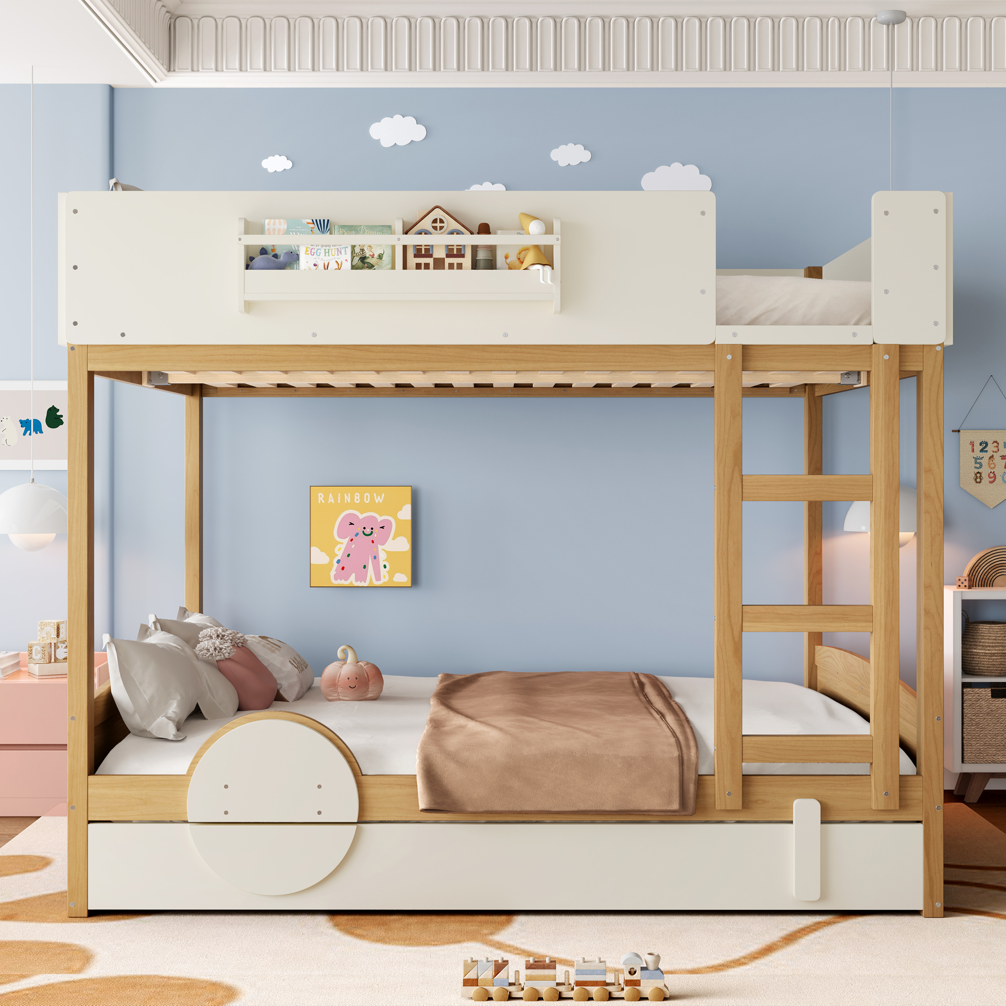 Queen Bunk Bed with Trundle , Wood Bunk Bed Frame with Built-in Bookshelf and High-quality Safety Guardrail,Automobile Form Design for Kids,Natural＆Beige - Image 2