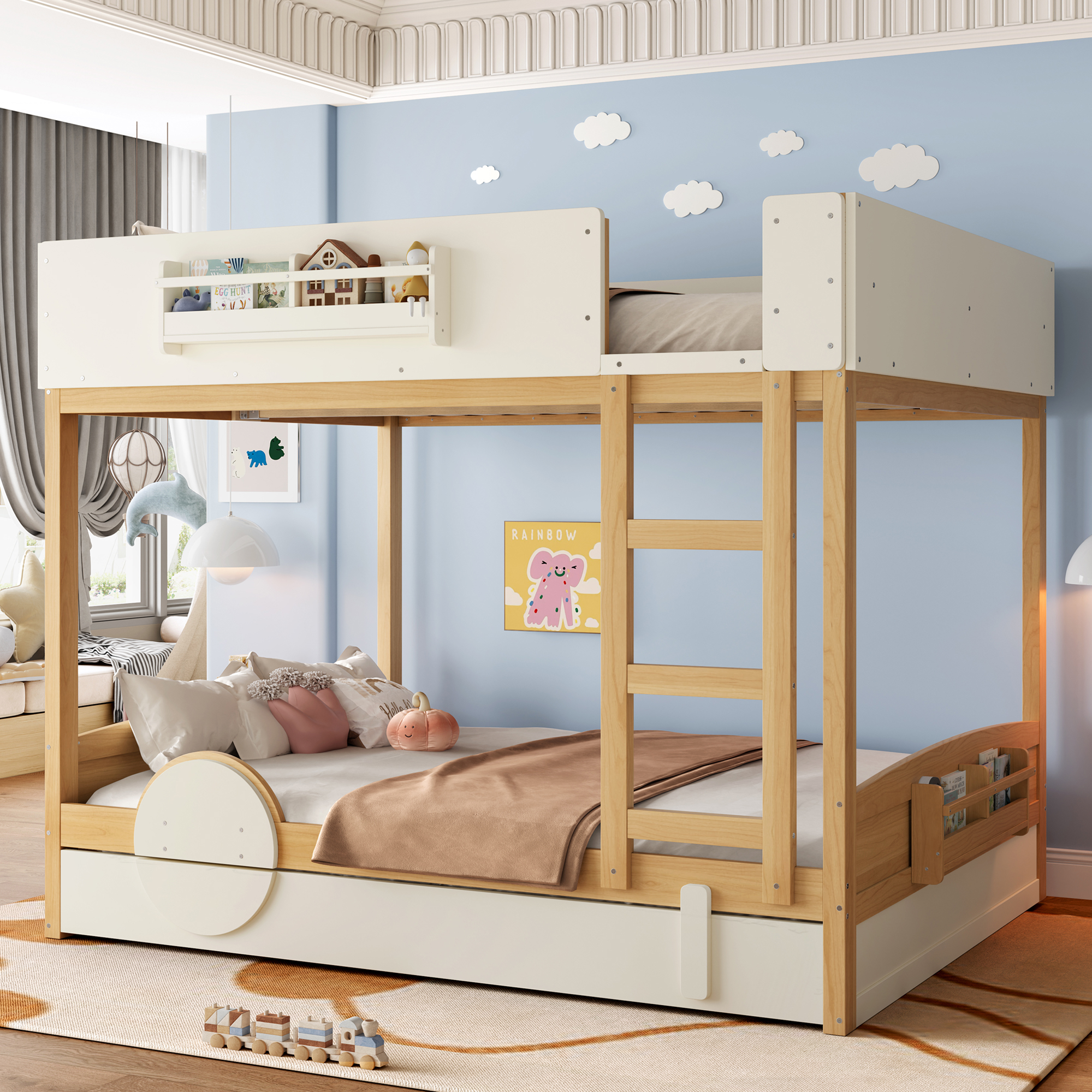 Queen Bunk Bed with Trundle , Wood Bunk Bed Frame with Built-in Bookshelf and High-quality Safety Guardrail,Automobile Form Design for Kids,Natural＆Beige - Image 3