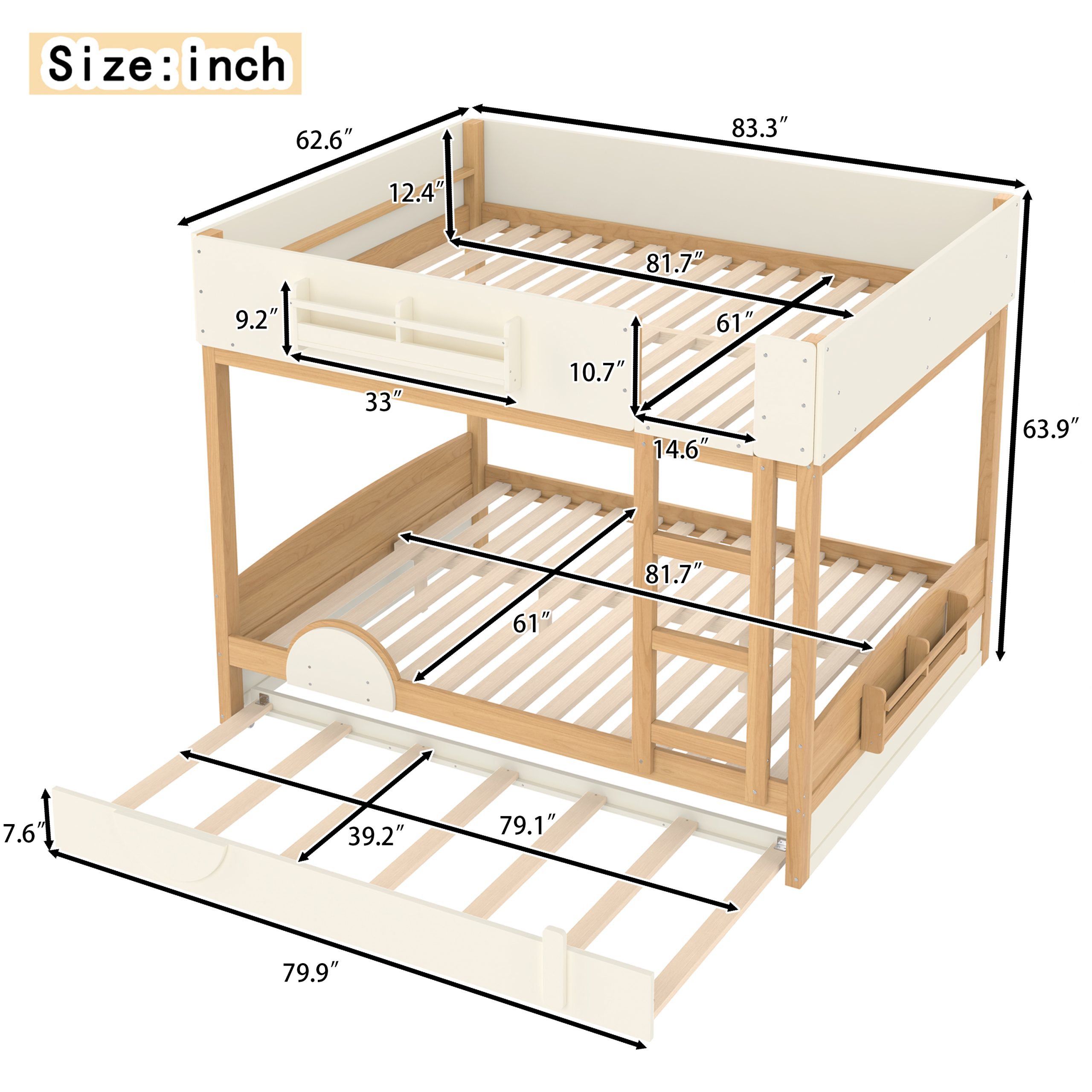 Queen Bunk Bed with Trundle , Wood Bunk Bed Frame with Built-in Bookshelf and High-quality Safety Guardrail,Automobile Form Design for Kids,Natural＆Beige - Image 4
