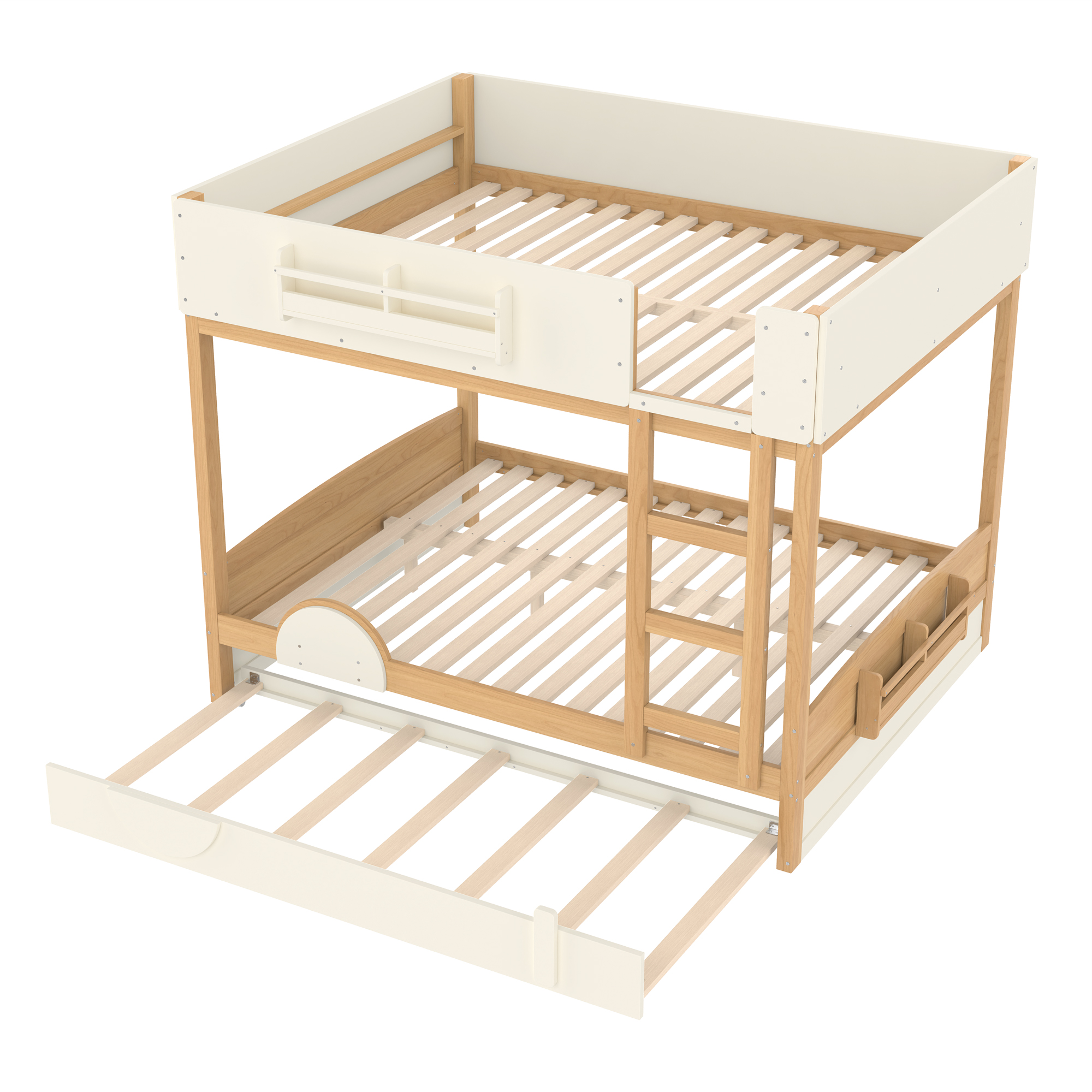 Queen Bunk Bed with Trundle , Wood Bunk Bed Frame with Built-in Bookshelf and High-quality Safety Guardrail,Automobile Form Design for Kids,Natural＆Beige - Image 5