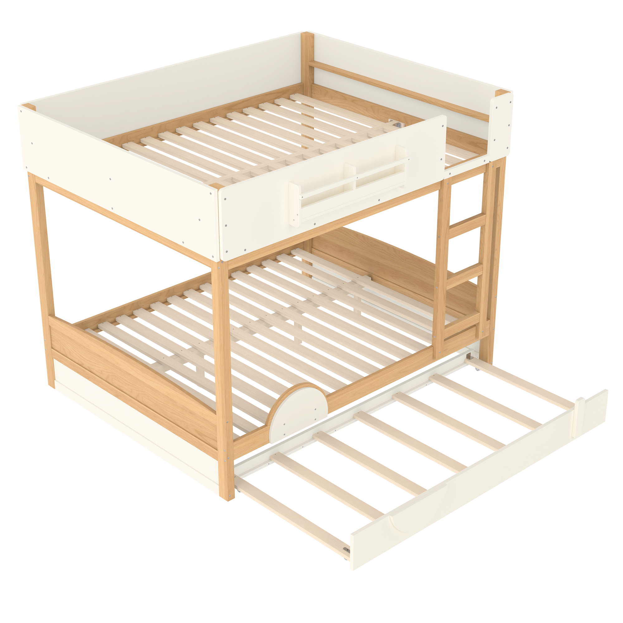 Queen Bunk Bed with Trundle , Wood Bunk Bed Frame with Built-in Bookshelf and High-quality Safety Guardrail,Automobile Form Design for Kids,Natural＆Beige - Image 6
