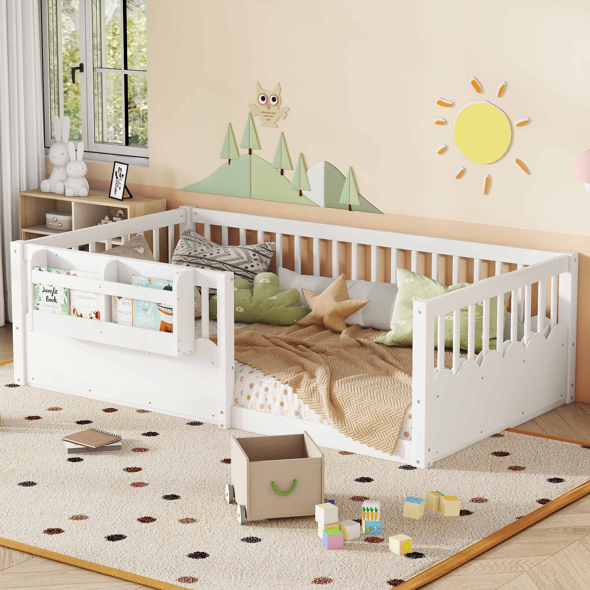 Twin Floor bed with Heightened Fence and bookshelf ,Wood Floor Bed for Kids, White. - Image 1