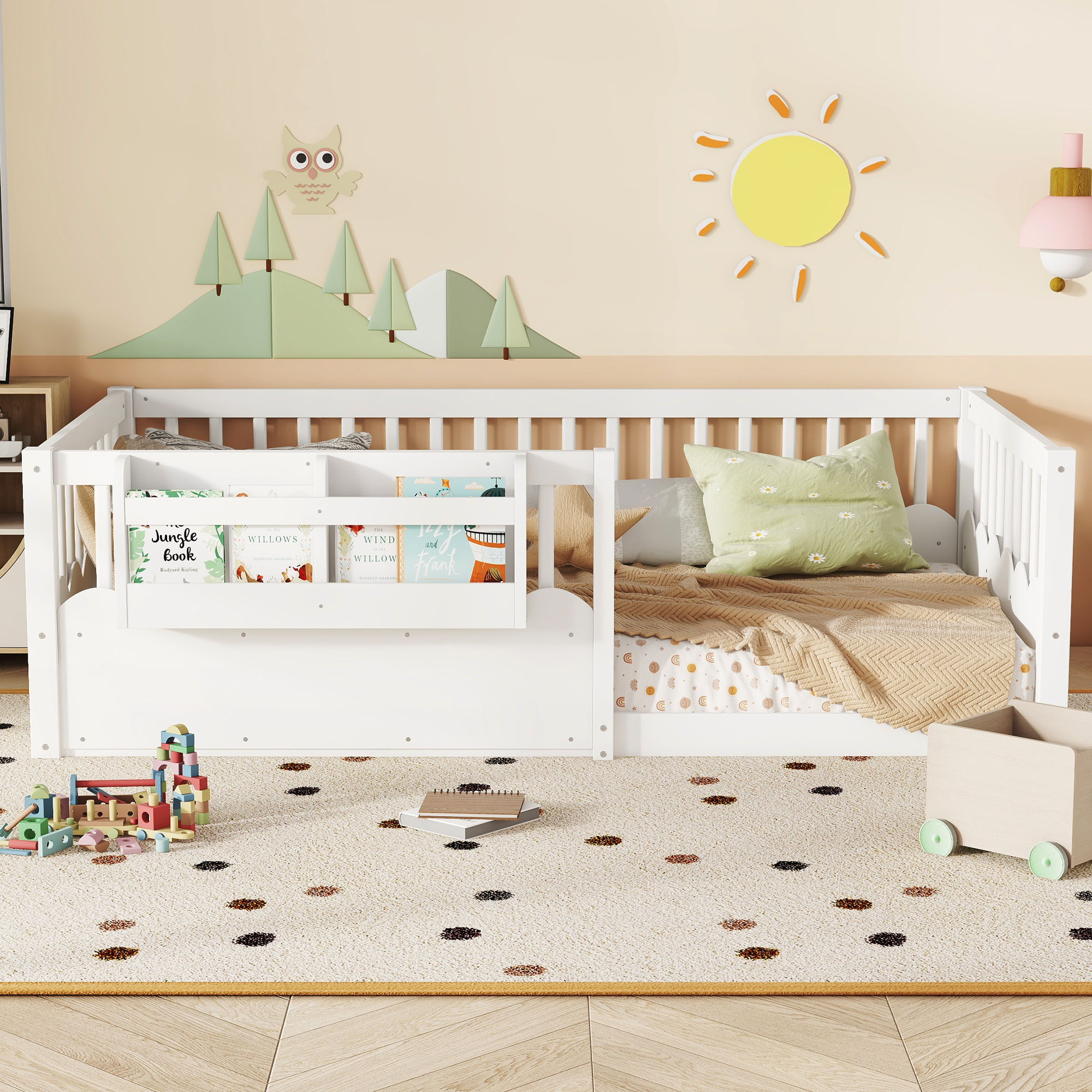 Twin Floor bed with Heightened Fence and bookshelf ,Wood Floor Bed for Kids, White. - Image 2