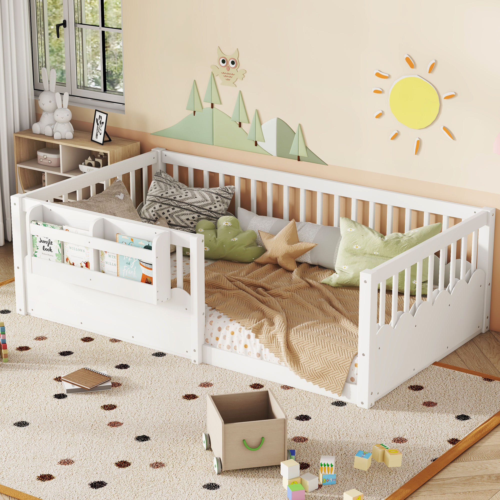 Twin Floor bed with Heightened Fence and bookshelf ,Wood Floor Bed for Kids, White. - Image 3