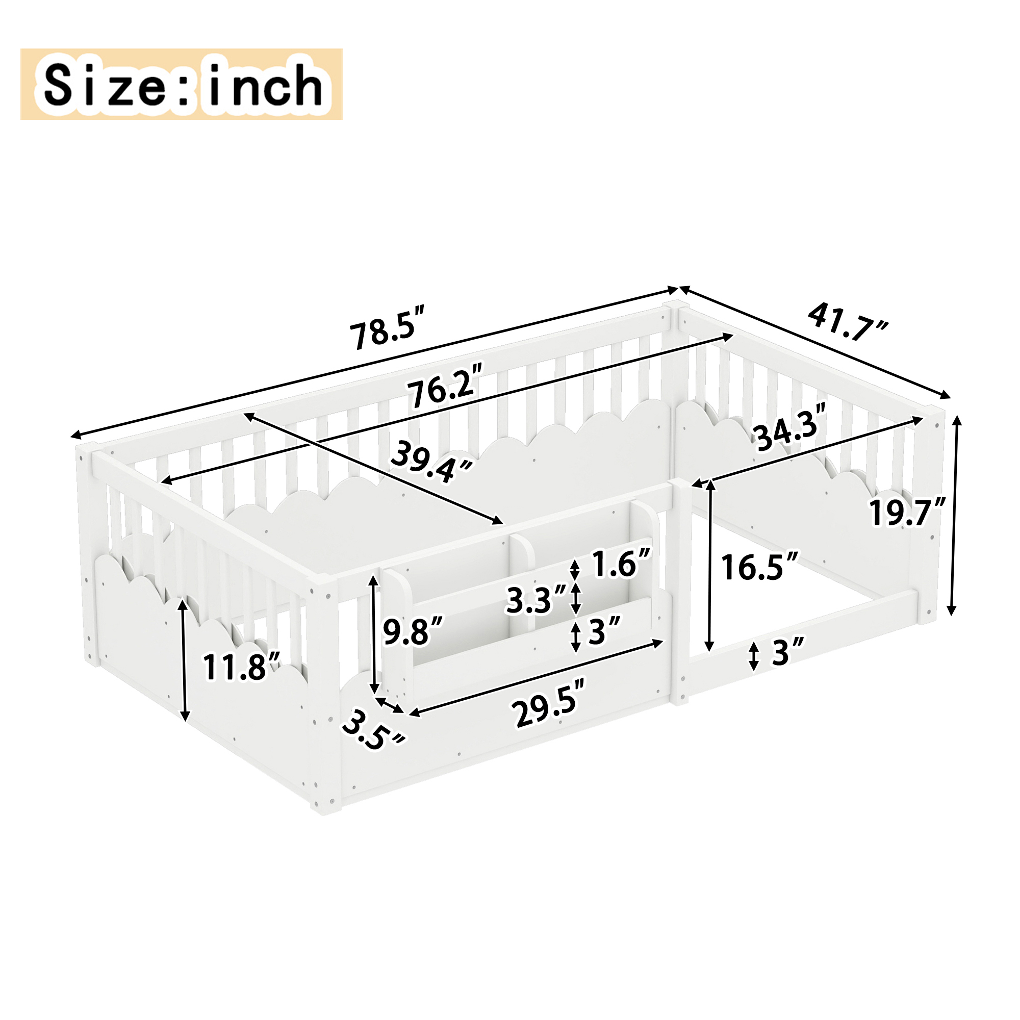 Twin Floor bed with Heightened Fence and bookshelf ,Wood Floor Bed for Kids, White. - Image 4