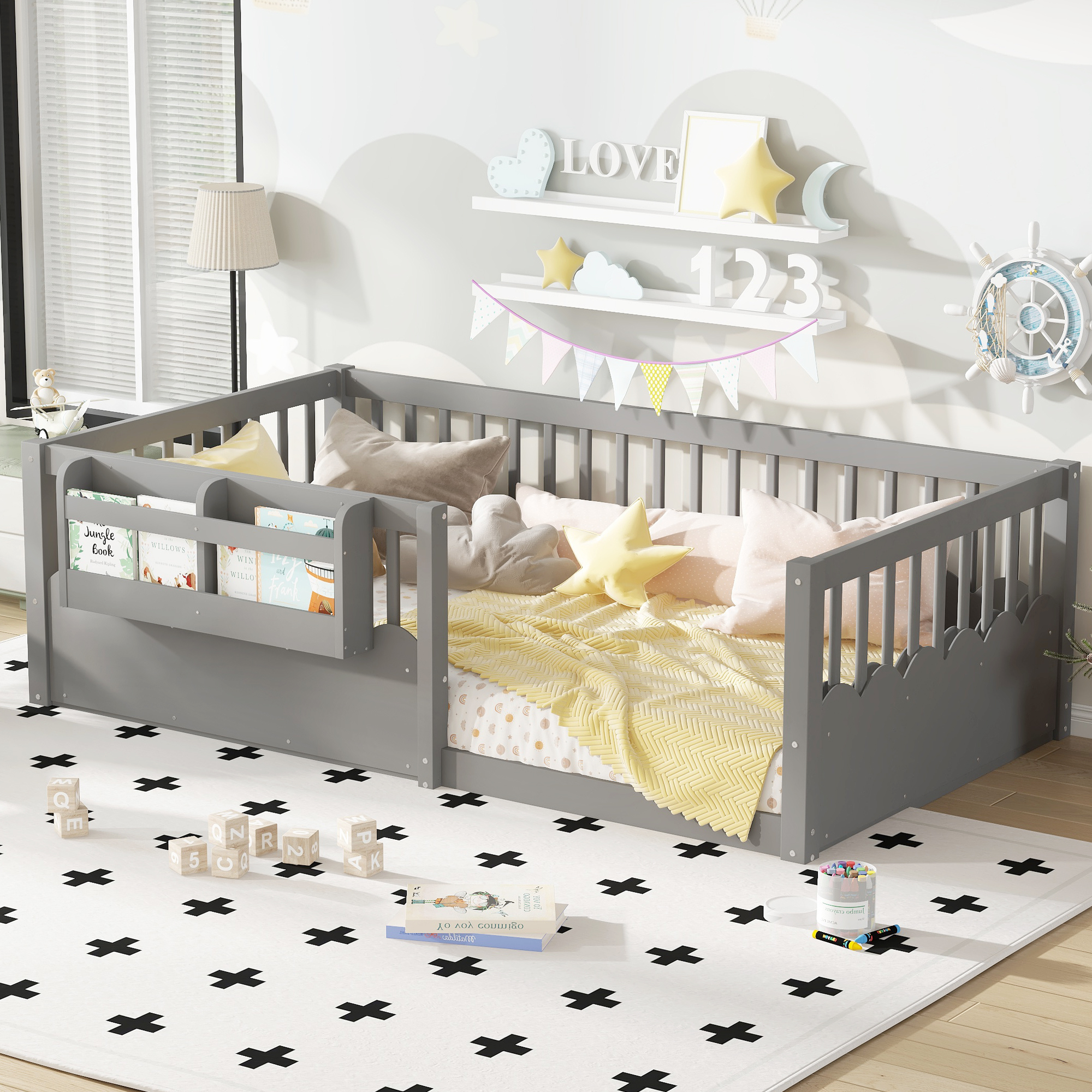 Twin Floor bed with Heightened Fence and bookshelf ,Wood Floor Bed for Kids, Gray. - Image 1