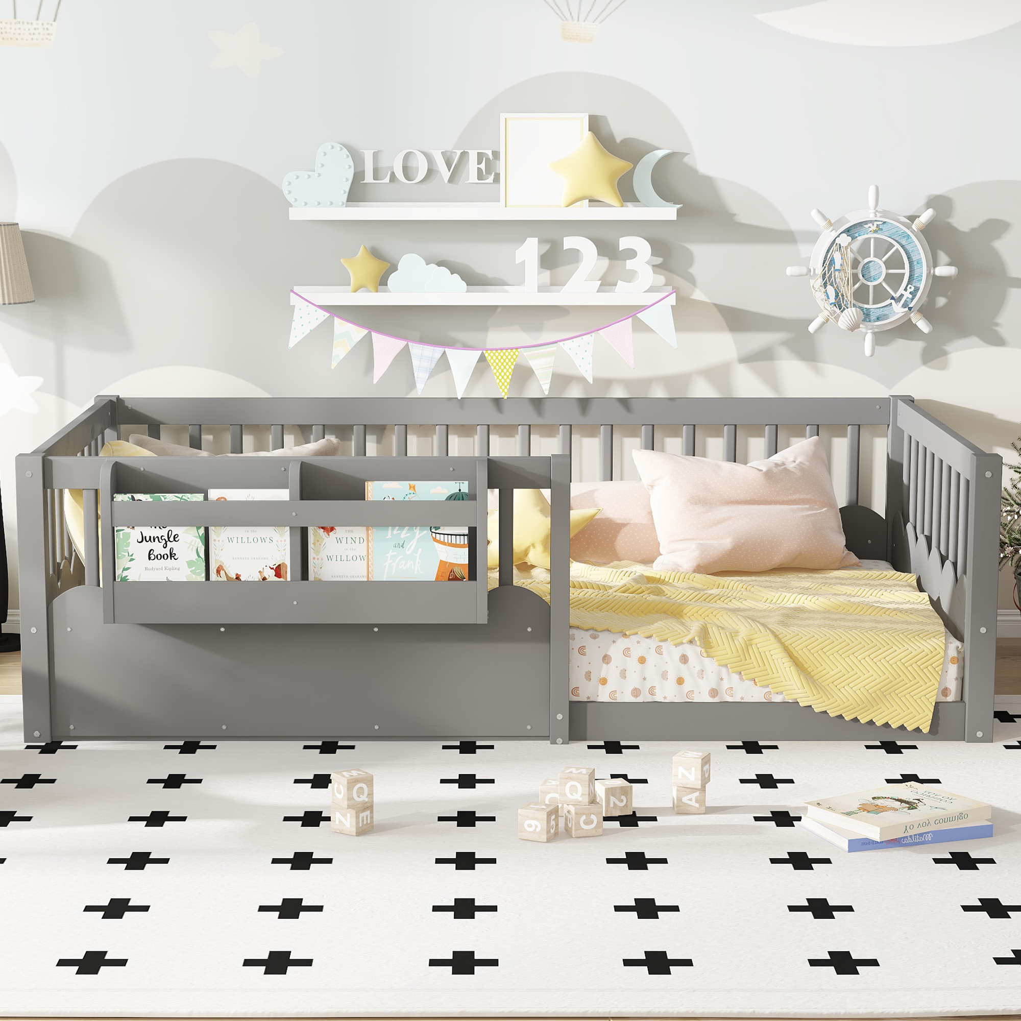 Twin Floor bed with Heightened Fence and bookshelf ,Wood Floor Bed for Kids, Gray. - Image 2