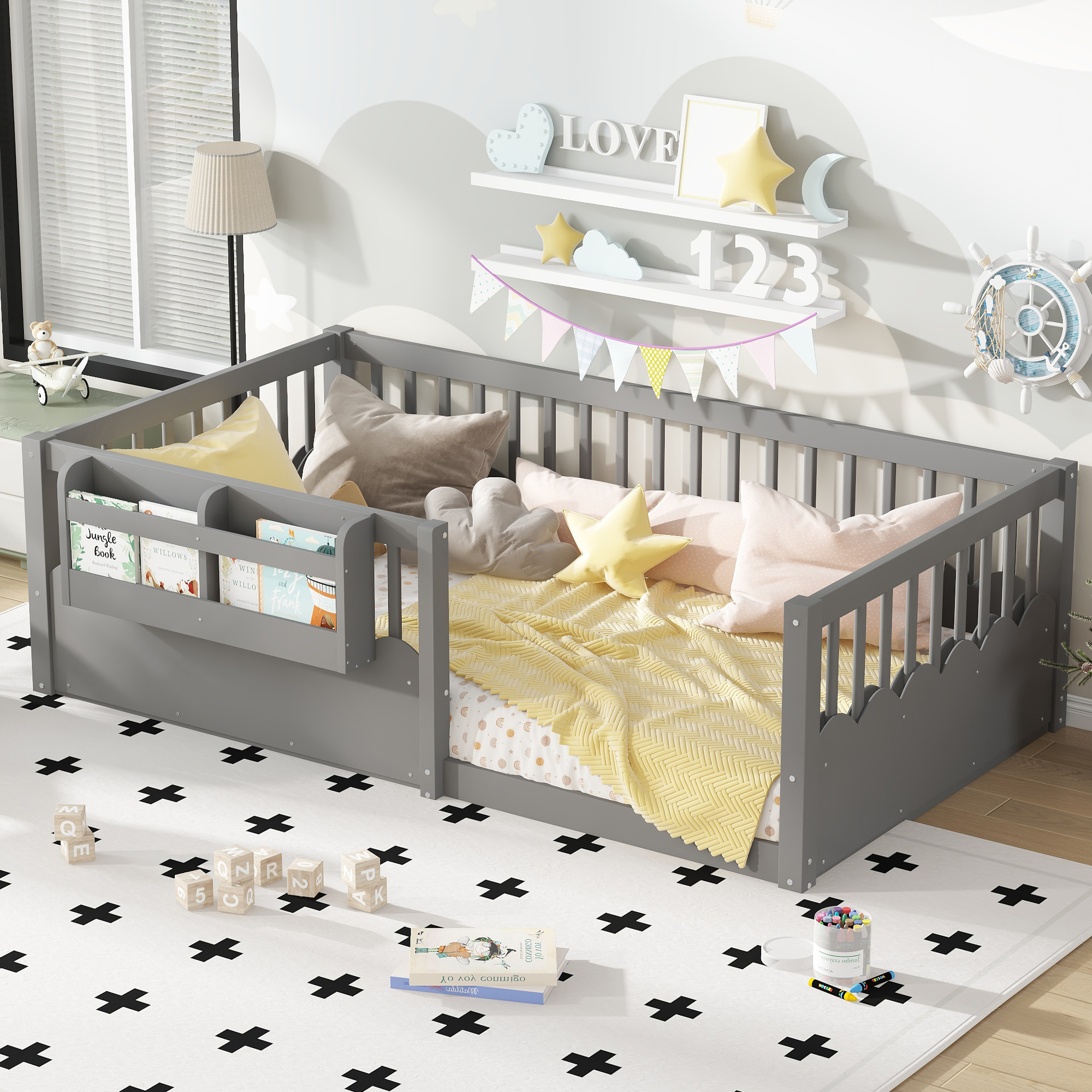 Twin Floor bed with Heightened Fence and bookshelf ,Wood Floor Bed for Kids, Gray. - Image 3