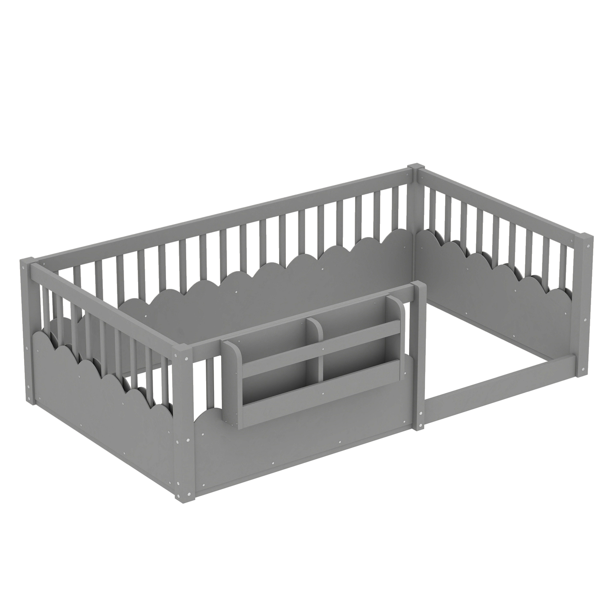 Twin Floor bed with Heightened Fence and bookshelf ,Wood Floor Bed for Kids, Gray. - Image 5
