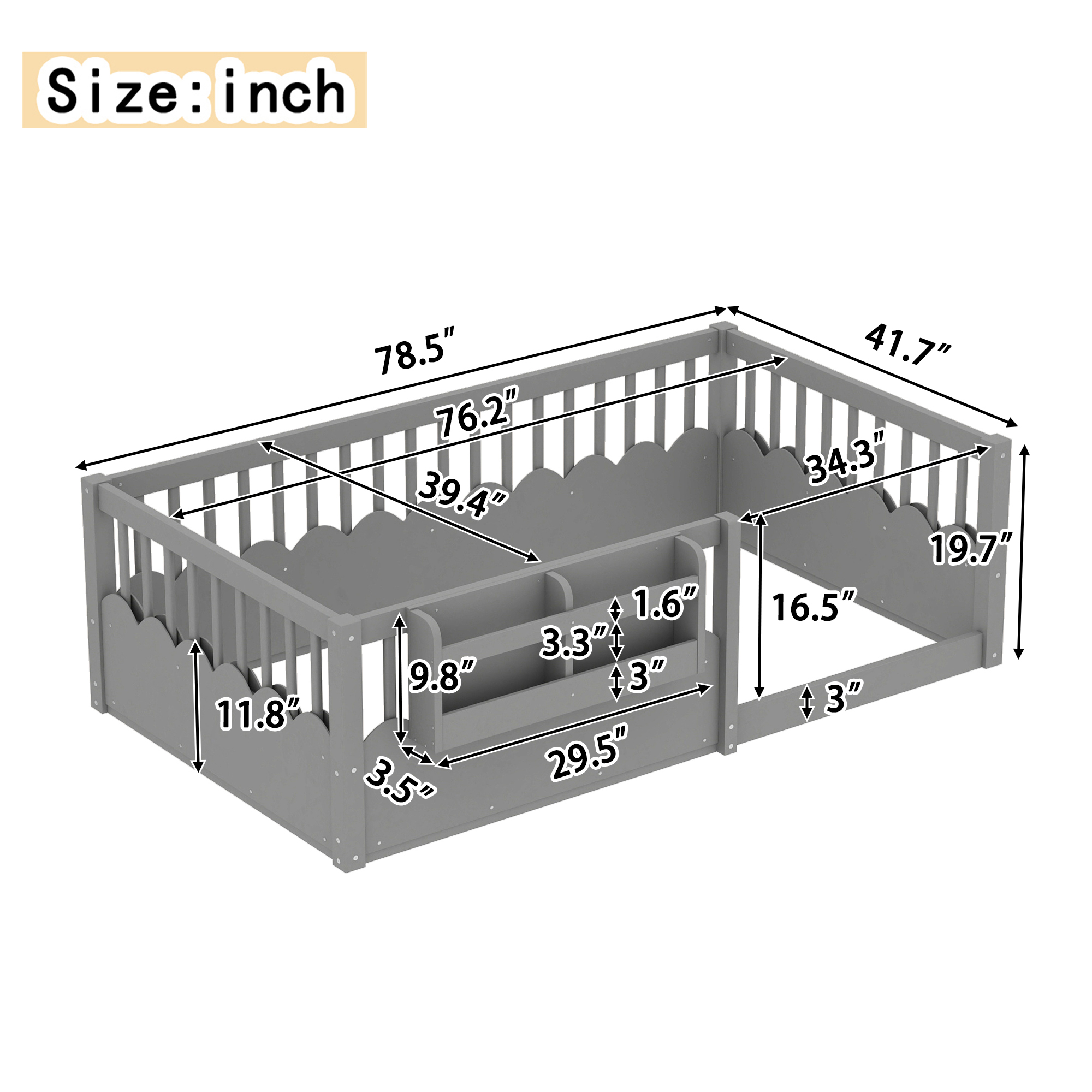 Twin Floor bed with Heightened Fence and bookshelf ,Wood Floor Bed for Kids, Gray. - Image 4