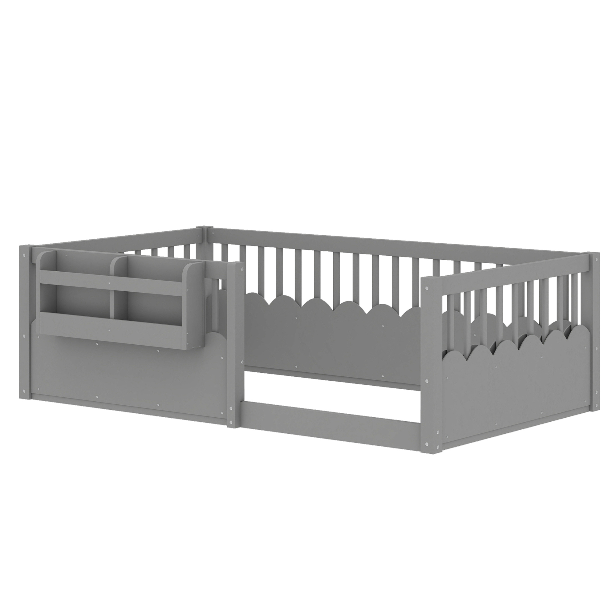 Twin Floor bed with Heightened Fence and bookshelf ,Wood Floor Bed for Kids, Gray. - Image 6