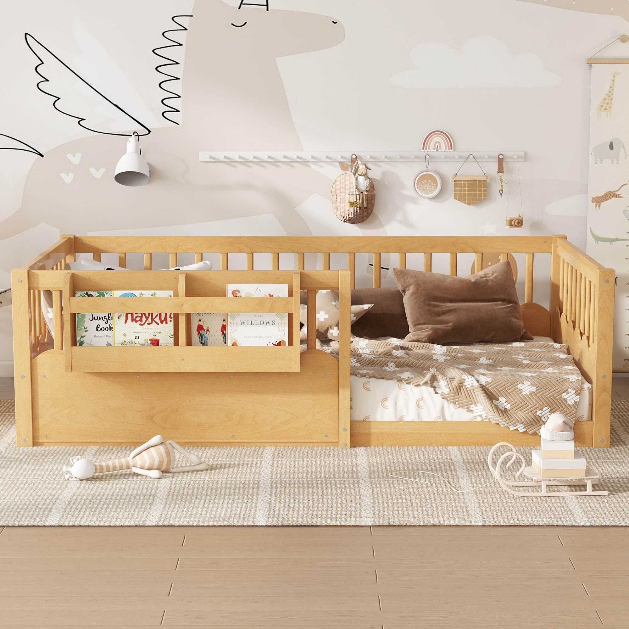 Twin Floor bed with Heightened Fence and bookshelf ,Wood Floor Bed for Kids, Natural. - Image 2