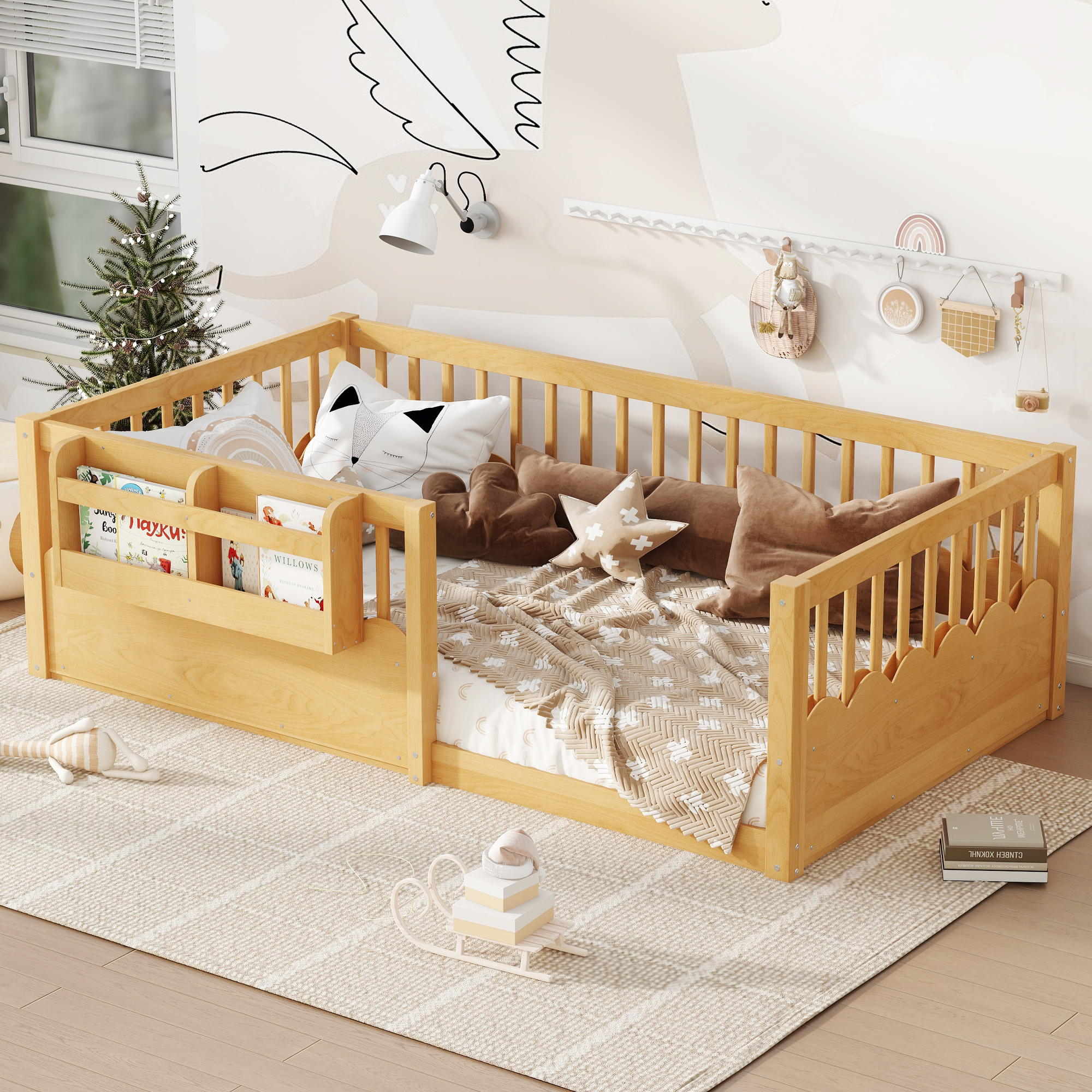 Twin Floor bed with Heightened Fence and bookshelf ,Wood Floor Bed for Kids, Natural. - Image 3
