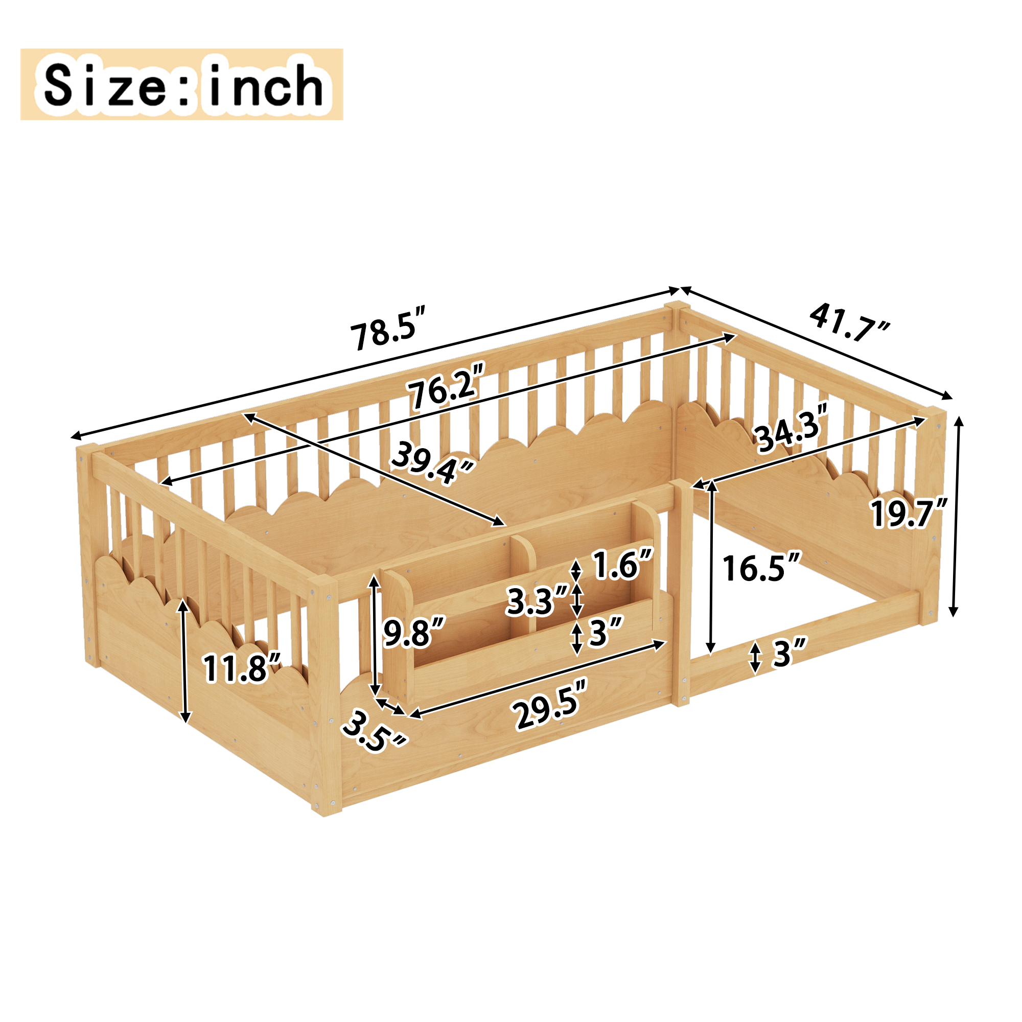 Twin Floor bed with Heightened Fence and bookshelf ,Wood Floor Bed for Kids, Natural. - Image 4
