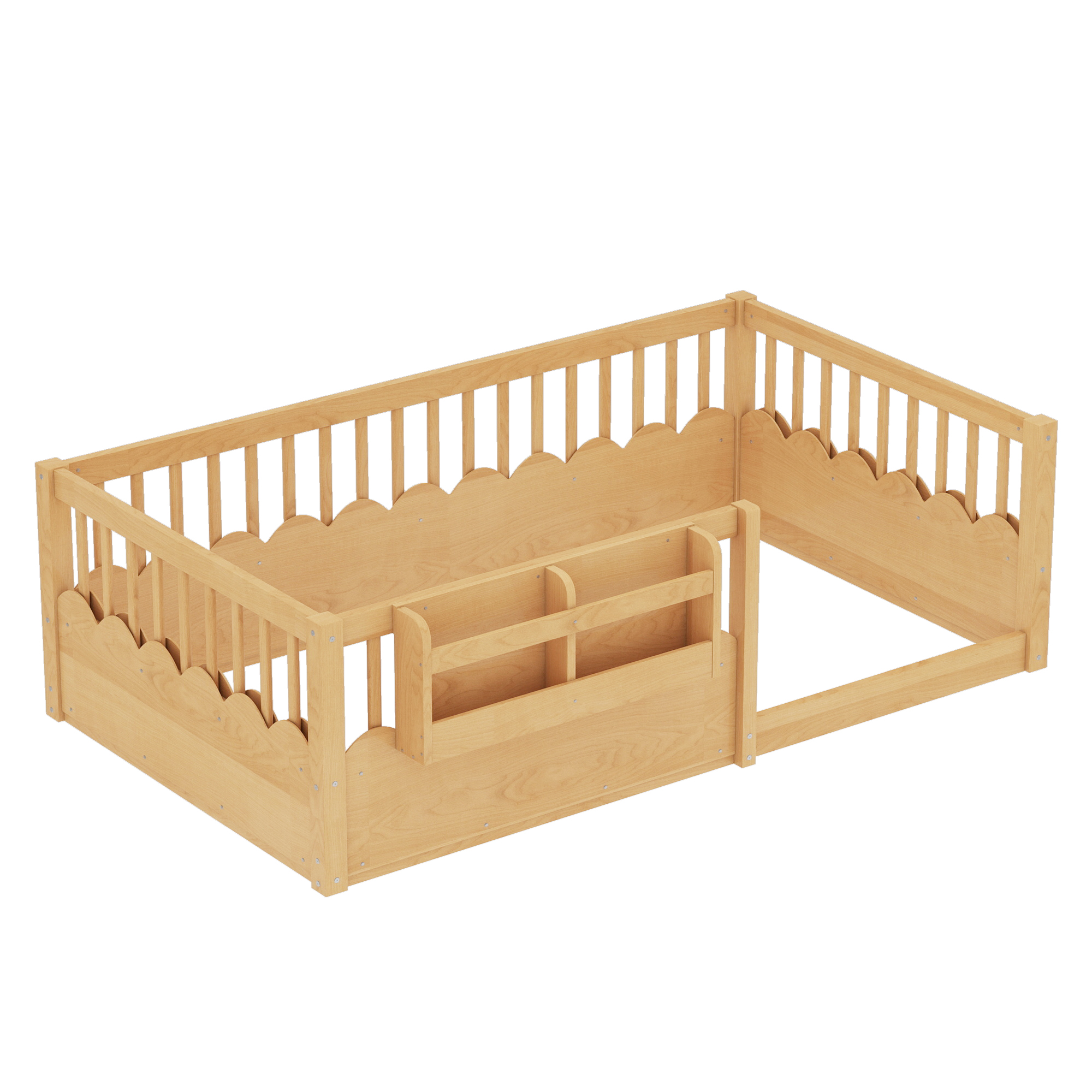 Twin Floor bed with Heightened Fence and bookshelf ,Wood Floor Bed for Kids, Natural. - Image 5