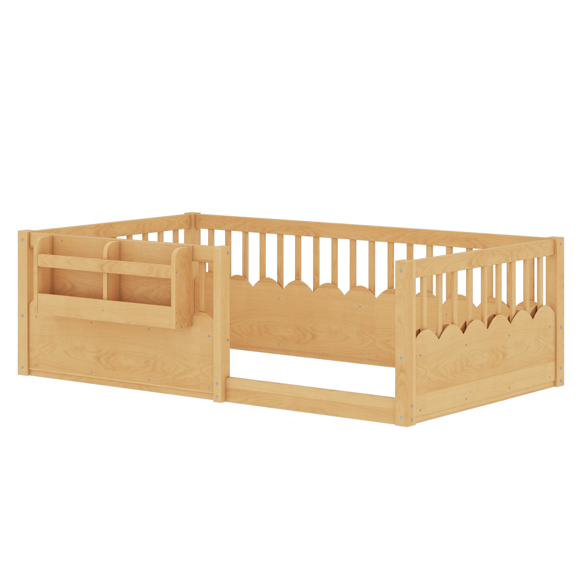 Twin Floor bed with Heightened Fence and bookshelf ,Wood Floor Bed for Kids, Natural. - Image 6