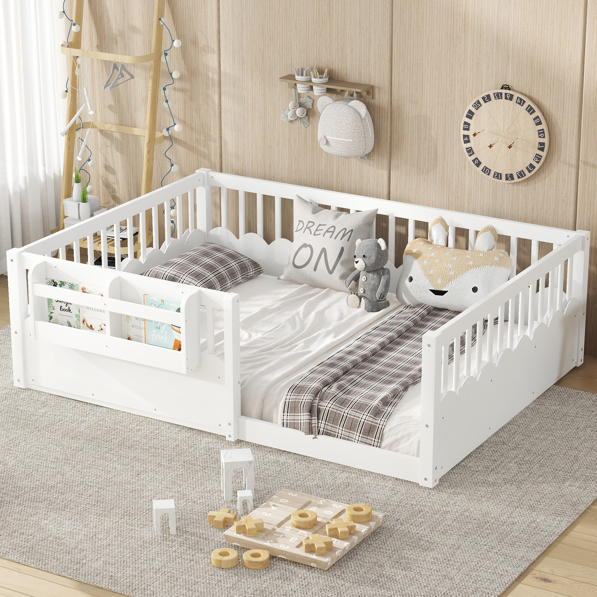 Full Floor bed with Heightened Fence and bookshelf ,Wood Floor Bed for Kids,White.