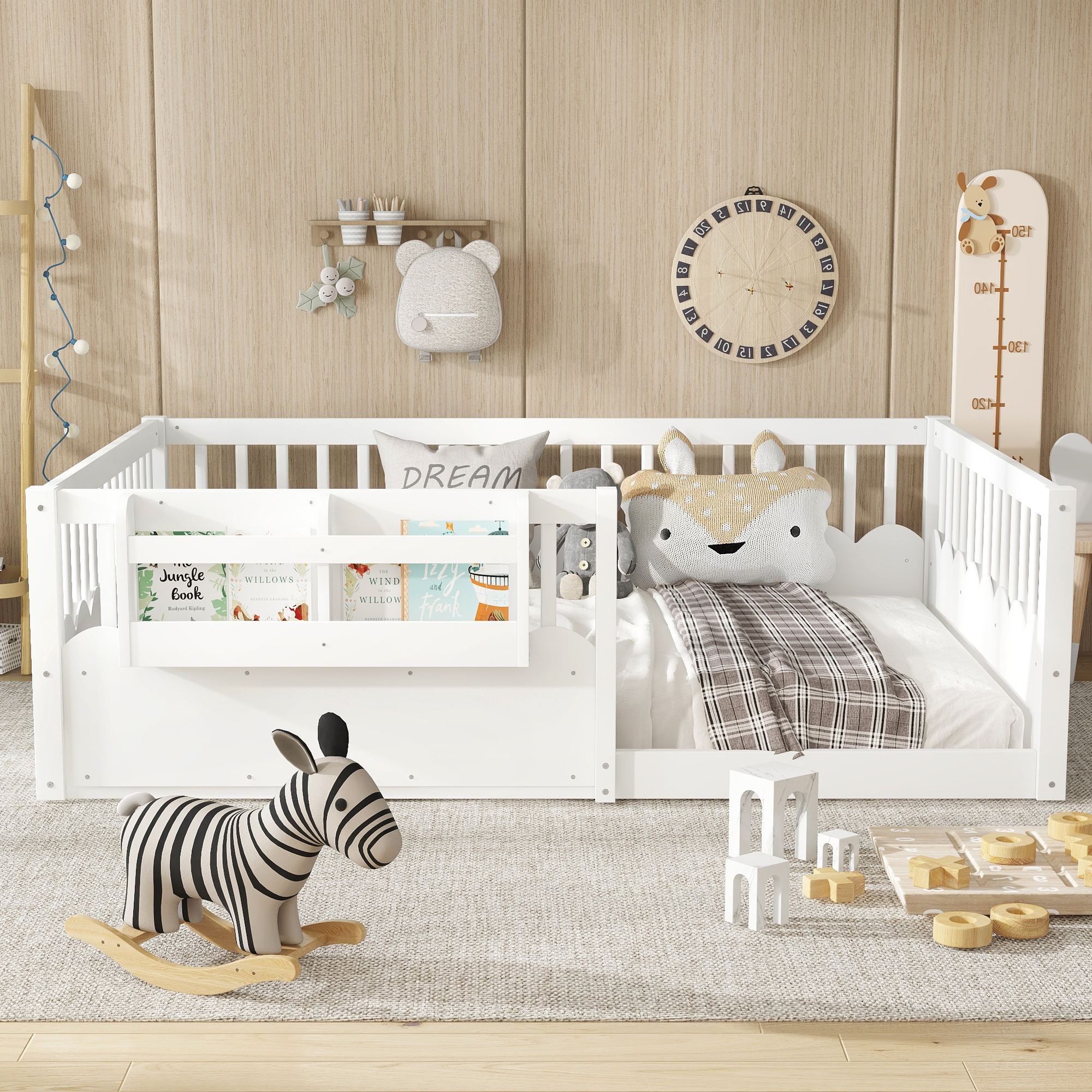 Full Floor bed with Heightened Fence and bookshelf ,Wood Floor Bed for Kids,White. - Image 2