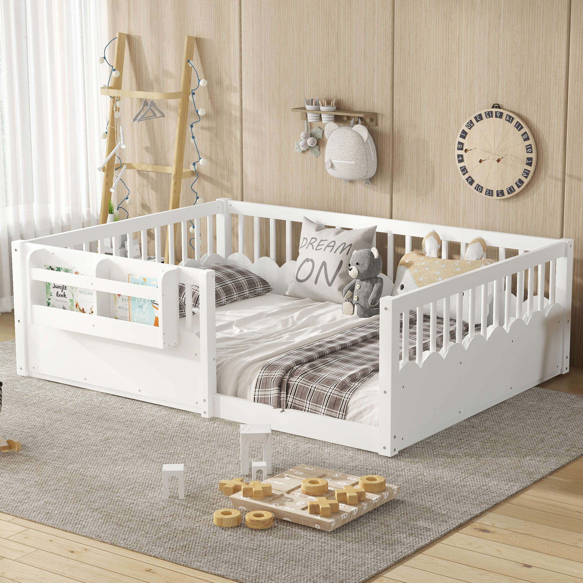 Full Floor bed with Heightened Fence and bookshelf ,Wood Floor Bed for Kids,White. - Image 3