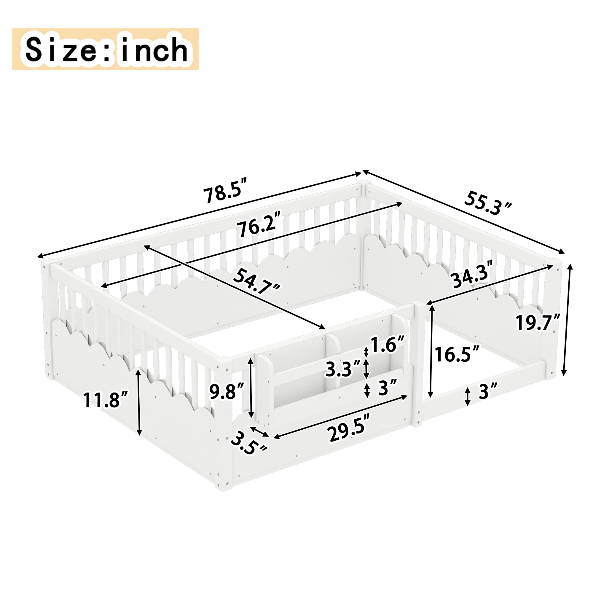 Full Floor bed with Heightened Fence and bookshelf ,Wood Floor Bed for Kids,White. - Image 4