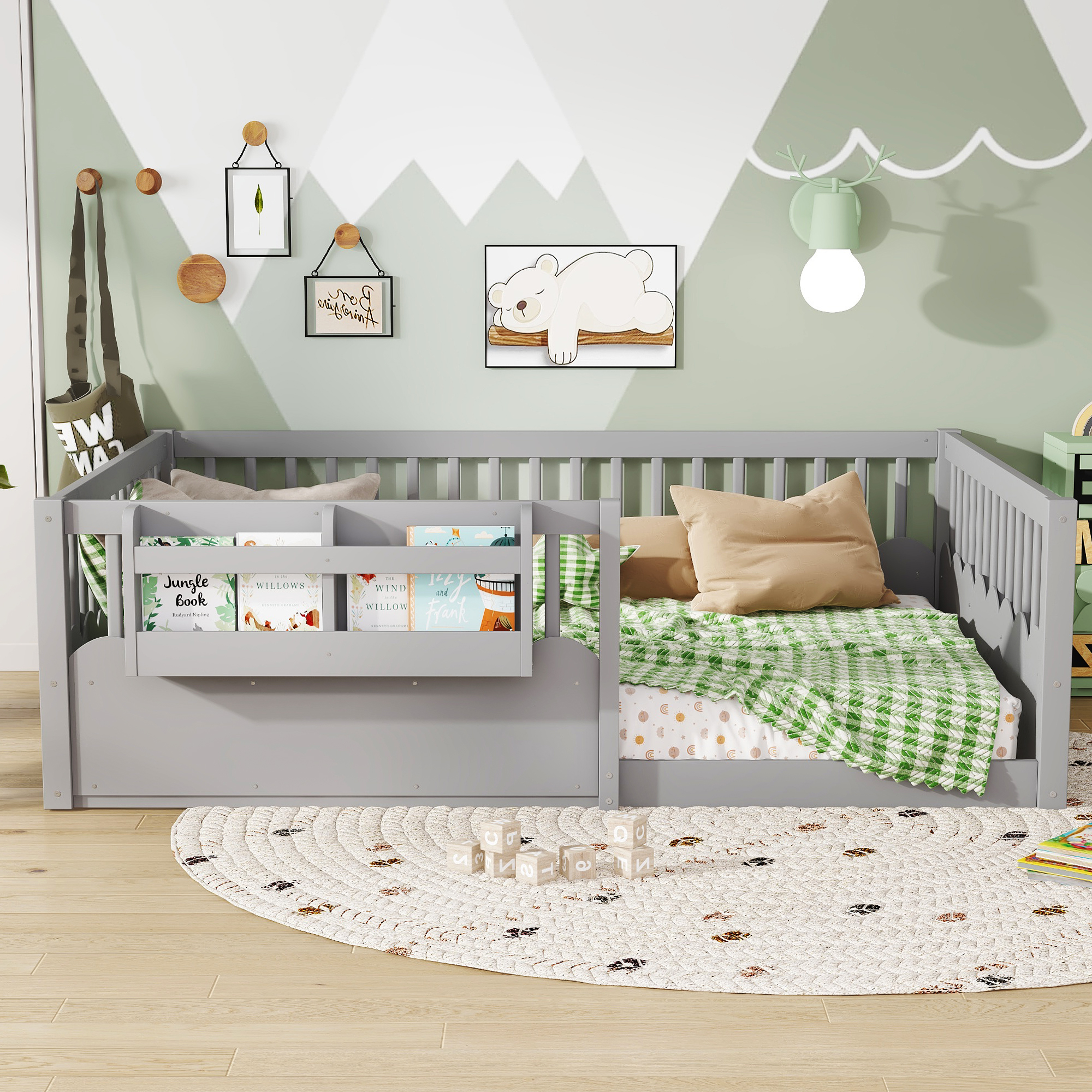 Full Floor bed with Heightened Fence and bookshelf ,Wood Floor Bed for Kids,Gray. - Image 2