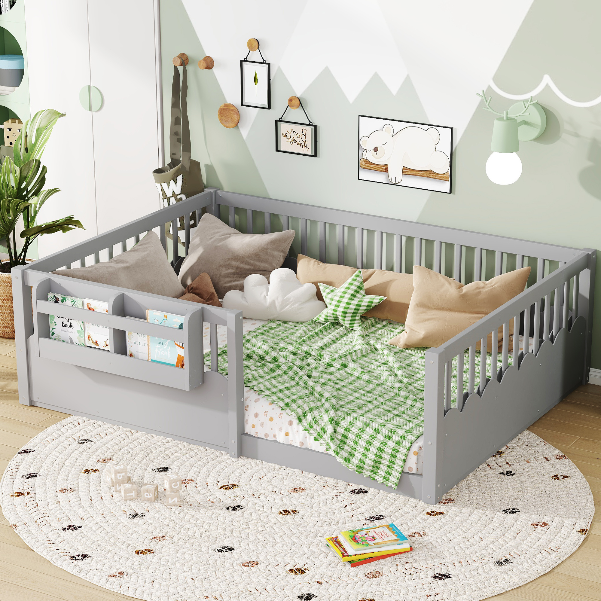 Full Floor bed with Heightened Fence and bookshelf ,Wood Floor Bed for Kids,Gray. - Image 3