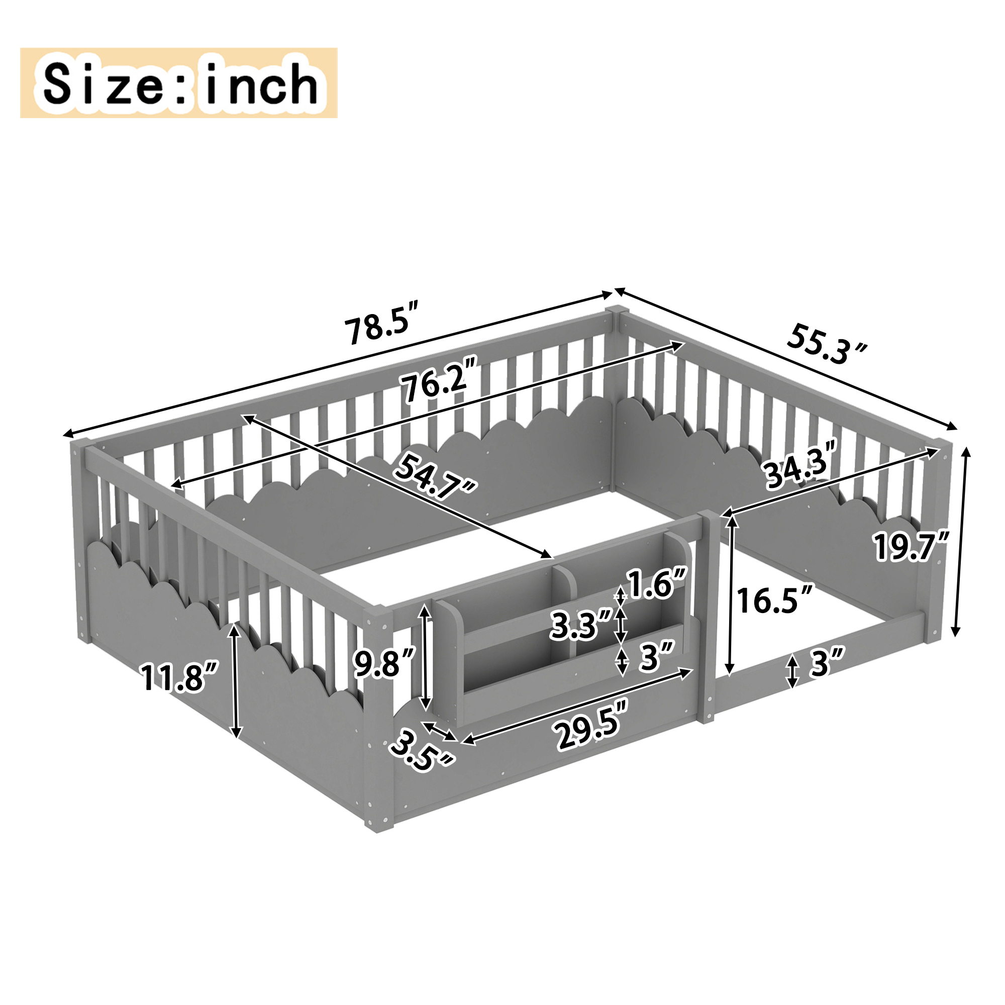 Full Floor bed with Heightened Fence and bookshelf ,Wood Floor Bed for Kids,Gray. - Image 4