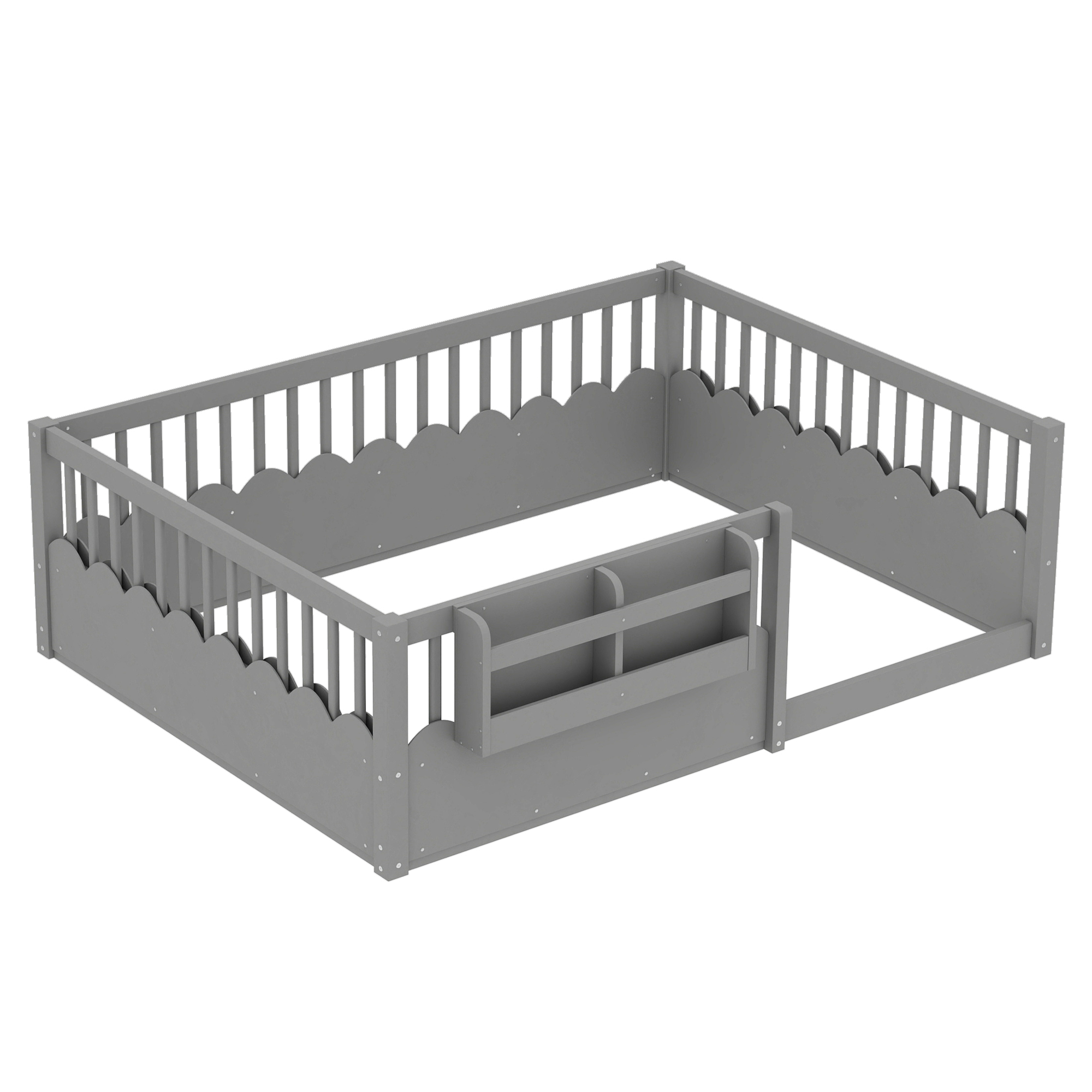 Full Floor bed with Heightened Fence and bookshelf ,Wood Floor Bed for Kids,Gray. - Image 5