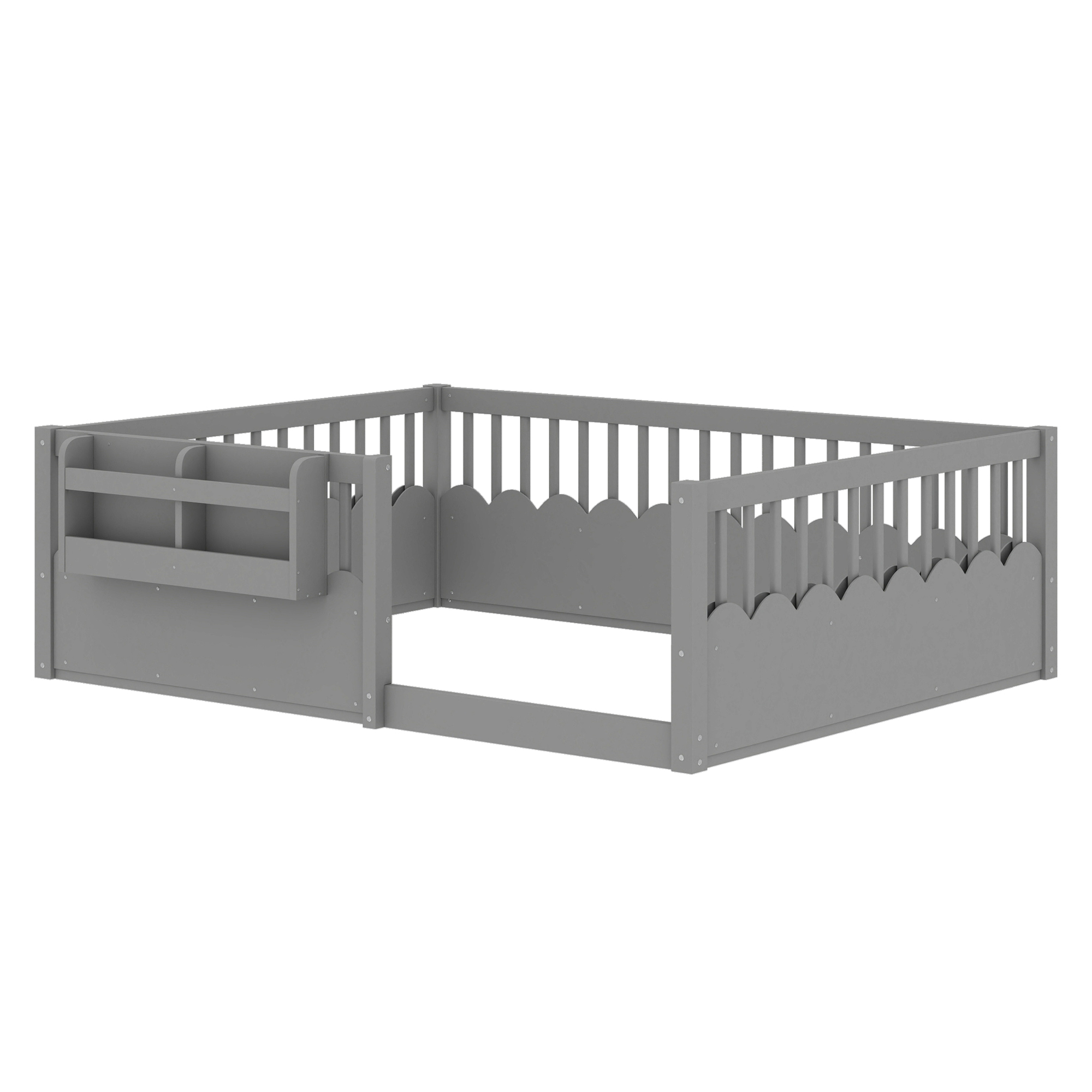 Full Floor bed with Heightened Fence and bookshelf ,Wood Floor Bed for Kids,Gray. - Image 6