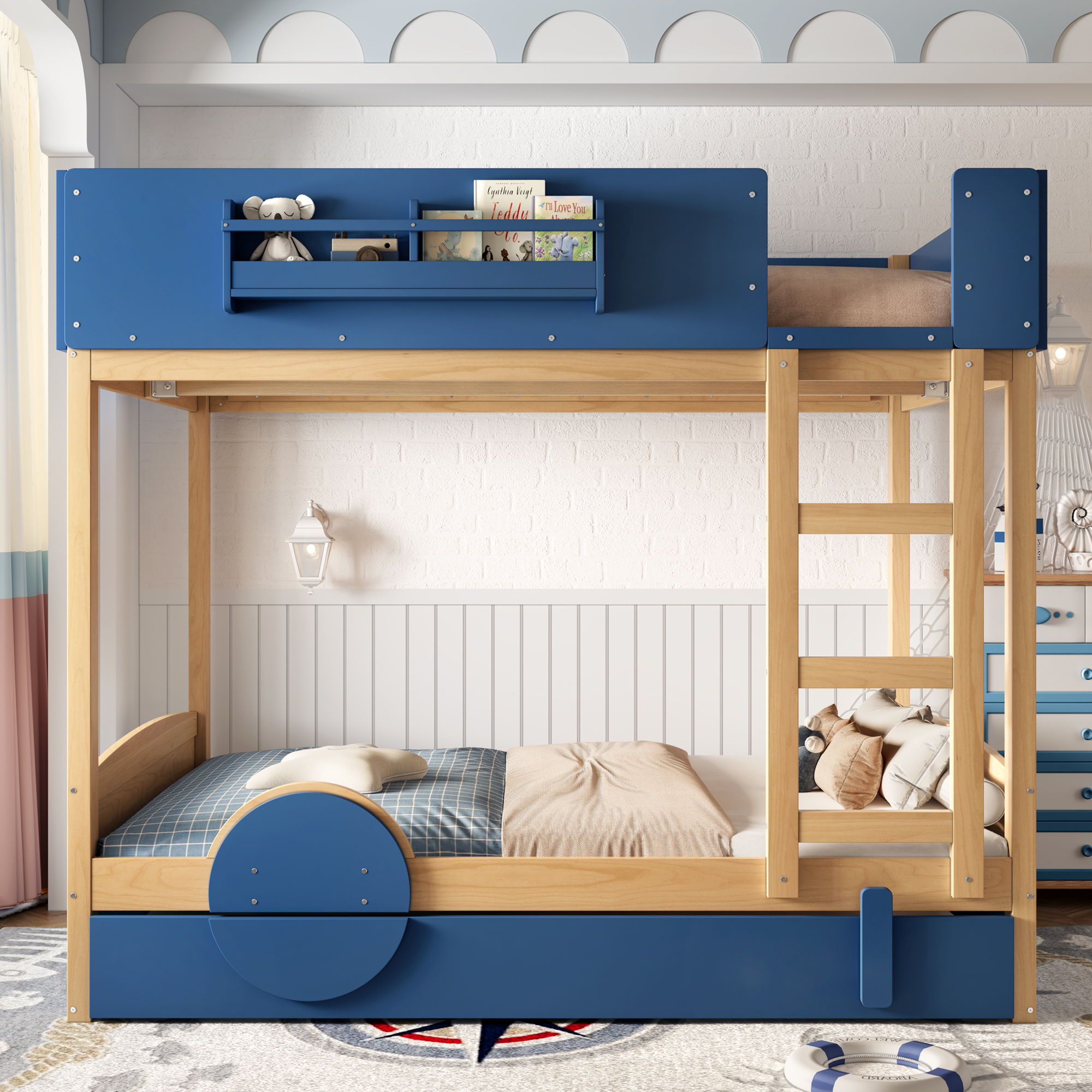 Full Bunk Bed with Trundle , Wood Bunk Bed Frame with Built-inBookshelf and High-quality Safety Guardrail,Automobile Form Design for Kids ,Blue＆Natural. - Image 2