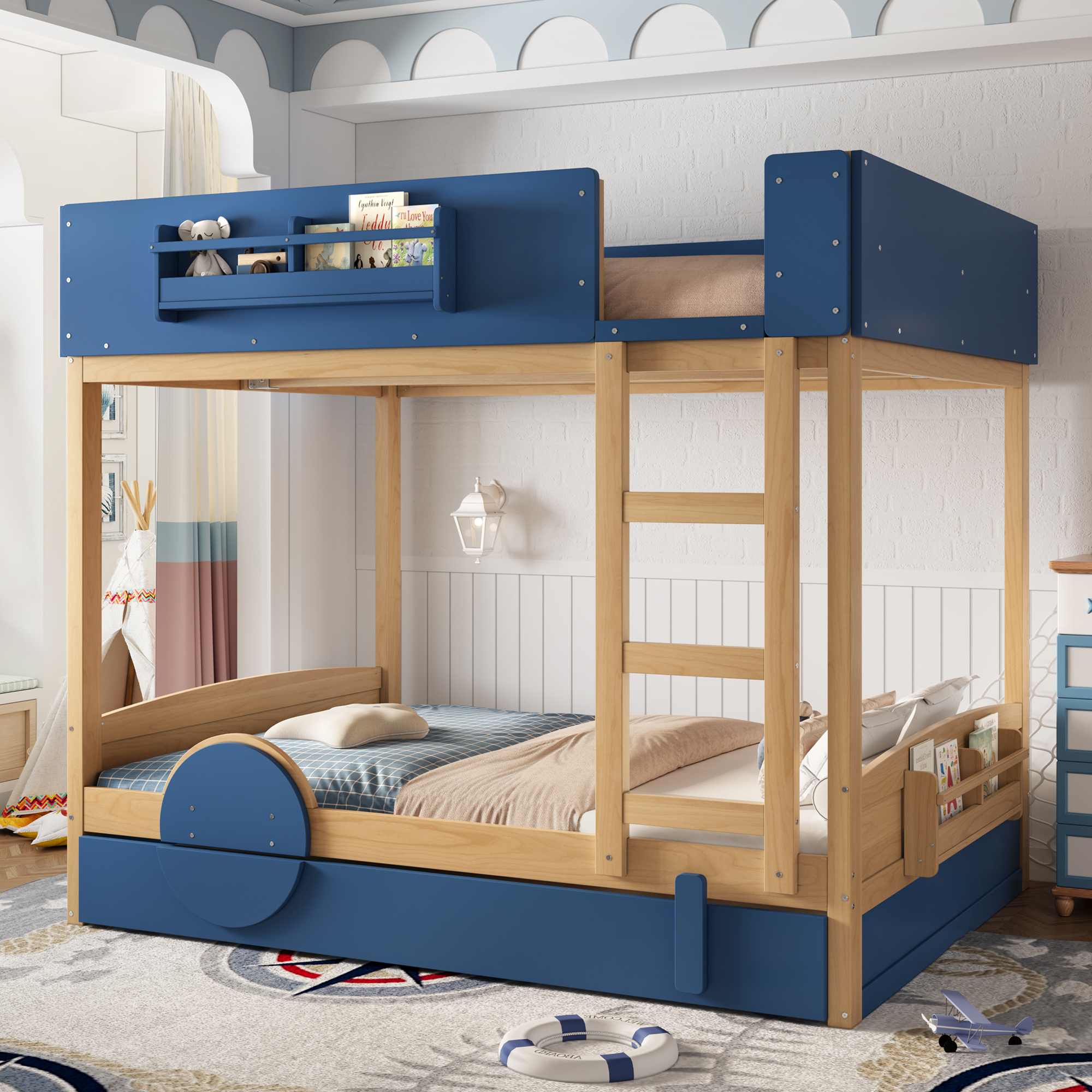 Full Bunk Bed with Trundle , Wood Bunk Bed Frame with Built-inBookshelf and High-quality Safety Guardrail,Automobile Form Design for Kids ,Blue＆Natural. - Image 3