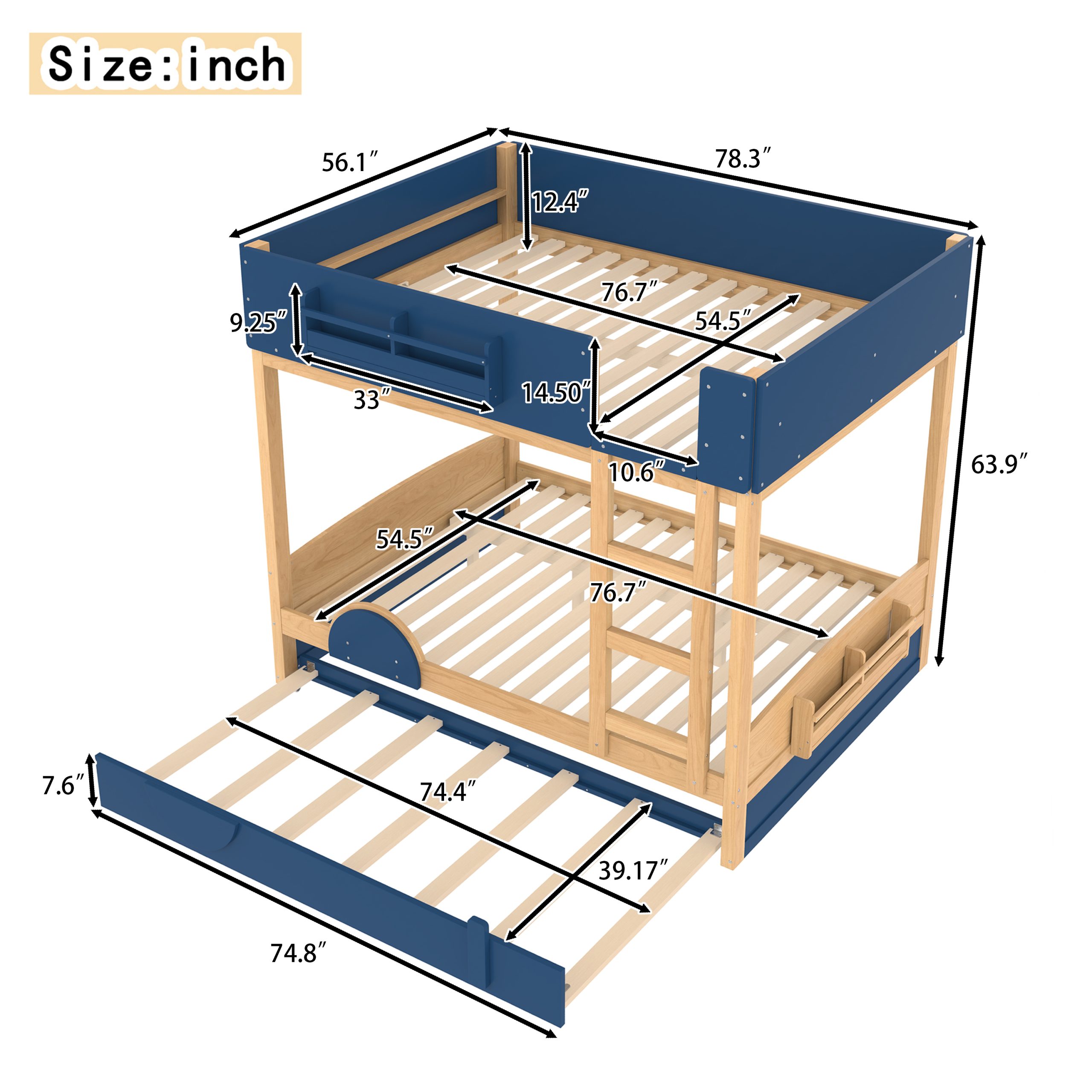 Full Bunk Bed with Trundle , Wood Bunk Bed Frame with Built-inBookshelf and High-quality Safety Guardrail,Automobile Form Design for Kids ,Blue＆Natural. - Image 4