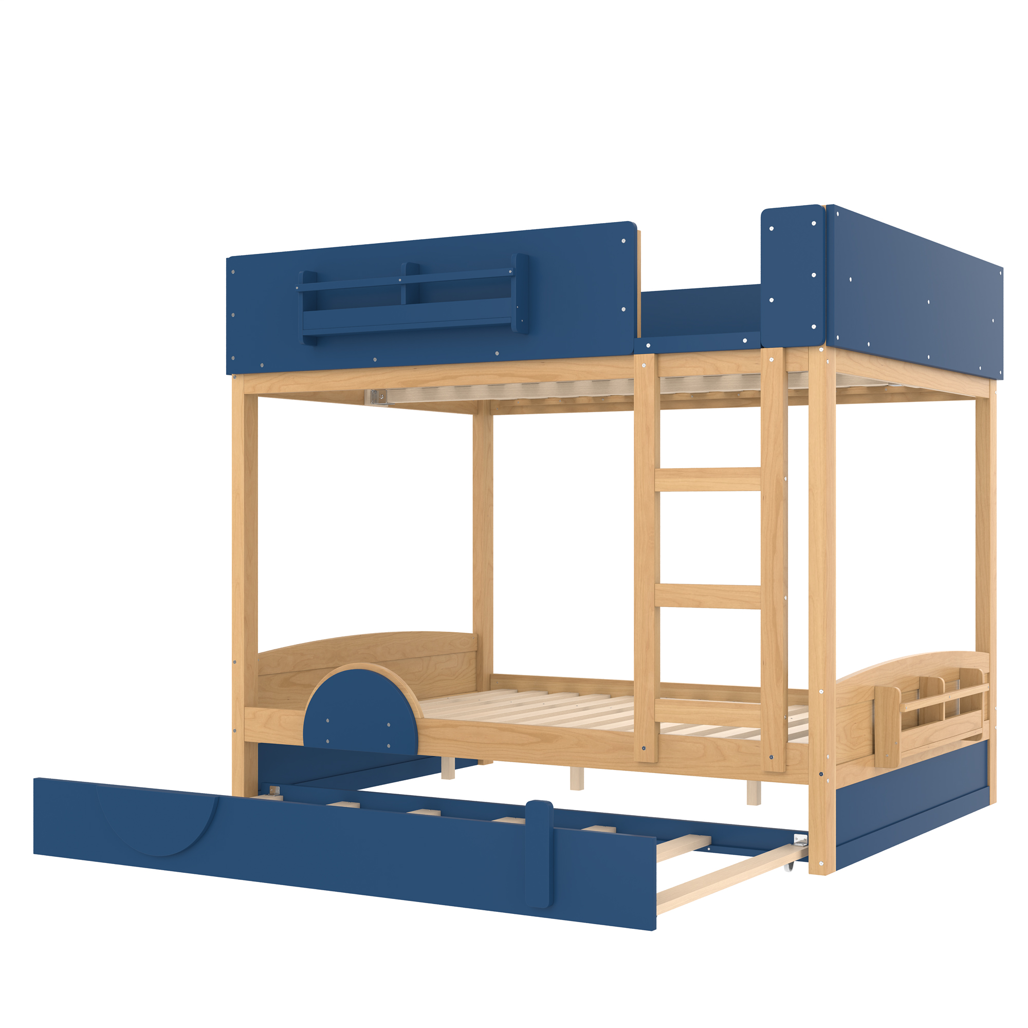 Full Bunk Bed with Trundle , Wood Bunk Bed Frame with Built-inBookshelf and High-quality Safety Guardrail,Automobile Form Design for Kids ,Blue＆Natural. - Image 5