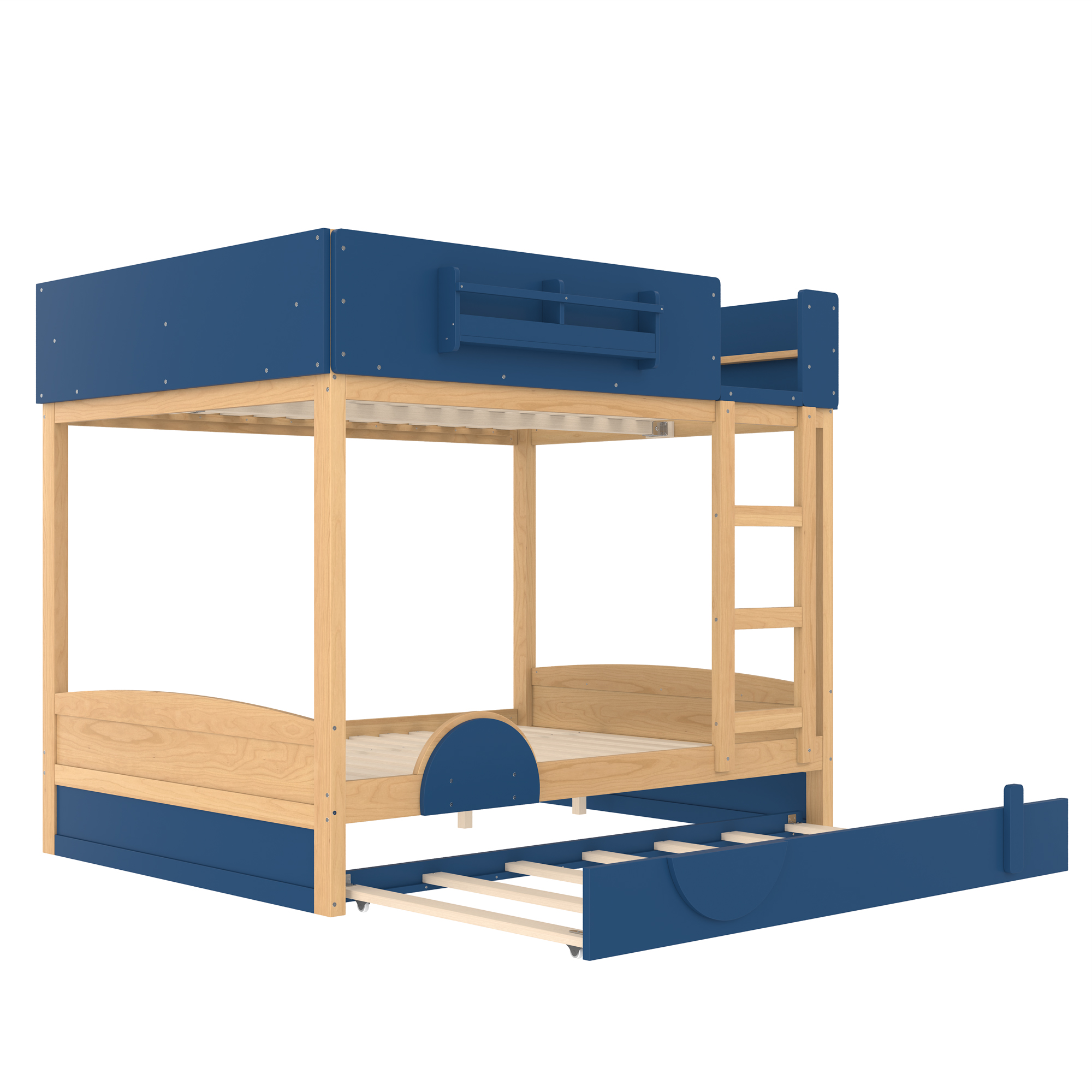 Full Bunk Bed with Trundle , Wood Bunk Bed Frame with Built-inBookshelf and High-quality Safety Guardrail,Automobile Form Design for Kids ,Blue＆Natural. - Image 6