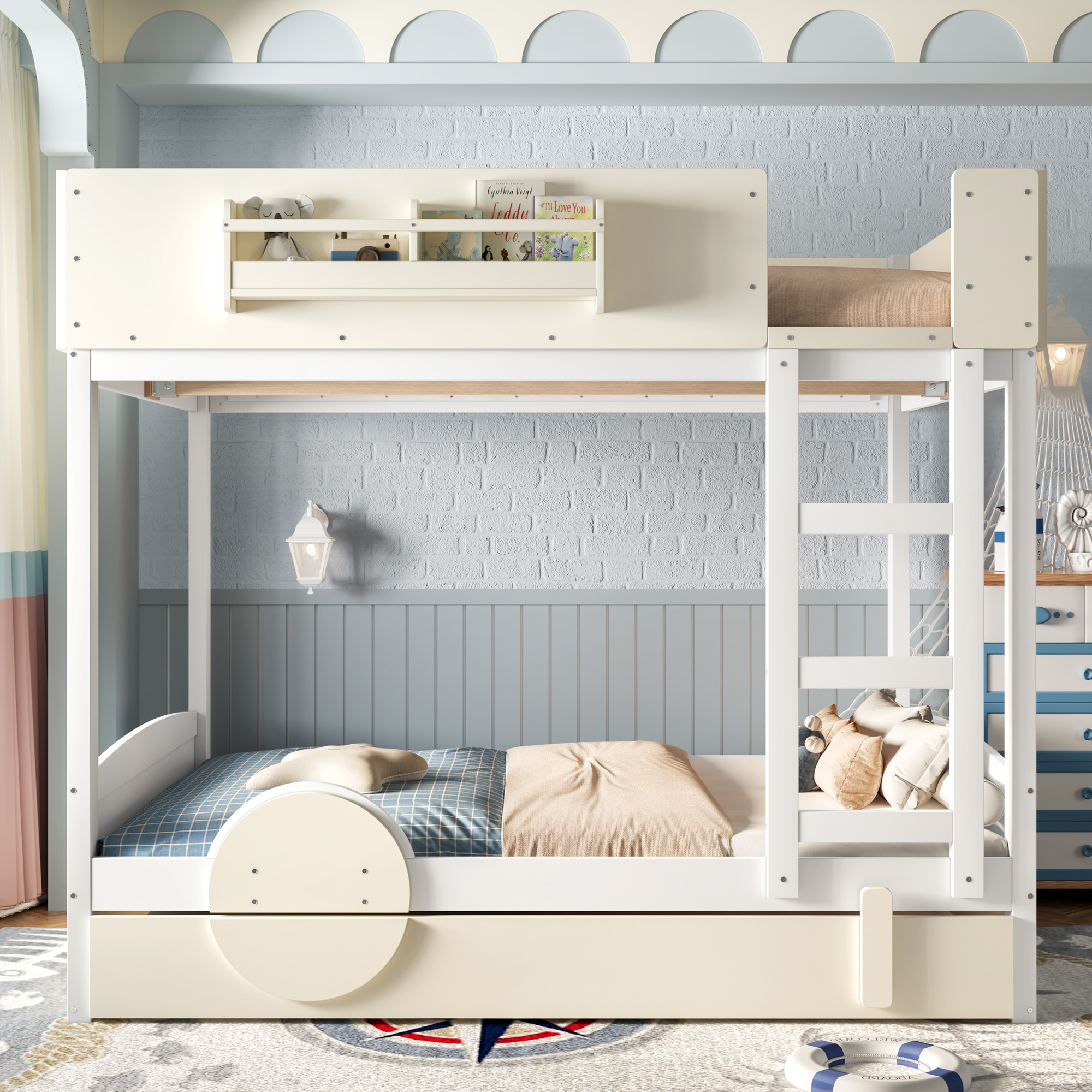 Full Bunk Bed with Trundle , Wood Bunk Bed Frame with Built-in Bookshelf and High-quality Safety Guardrail,Automobile Form Design for Kids ,White＆ Beige. - Image 2