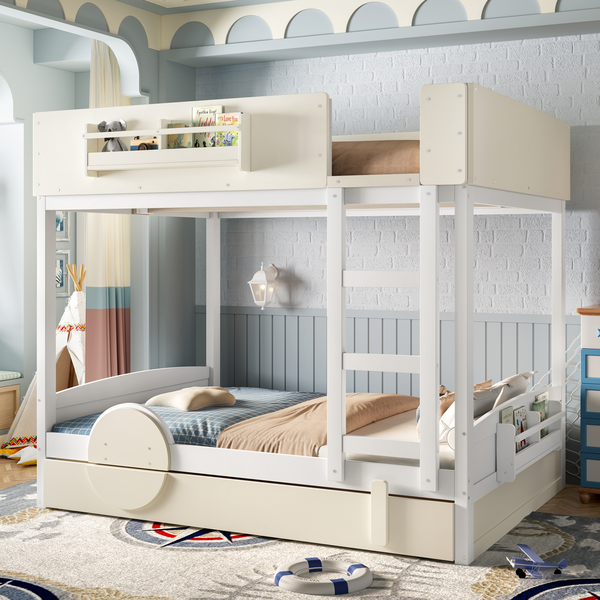 Full Bunk Bed with Trundle , Wood Bunk Bed Frame with Built-in Bookshelf and High-quality Safety Guardrail,Automobile Form Design for Kids ,White＆ Beige. - Image 3