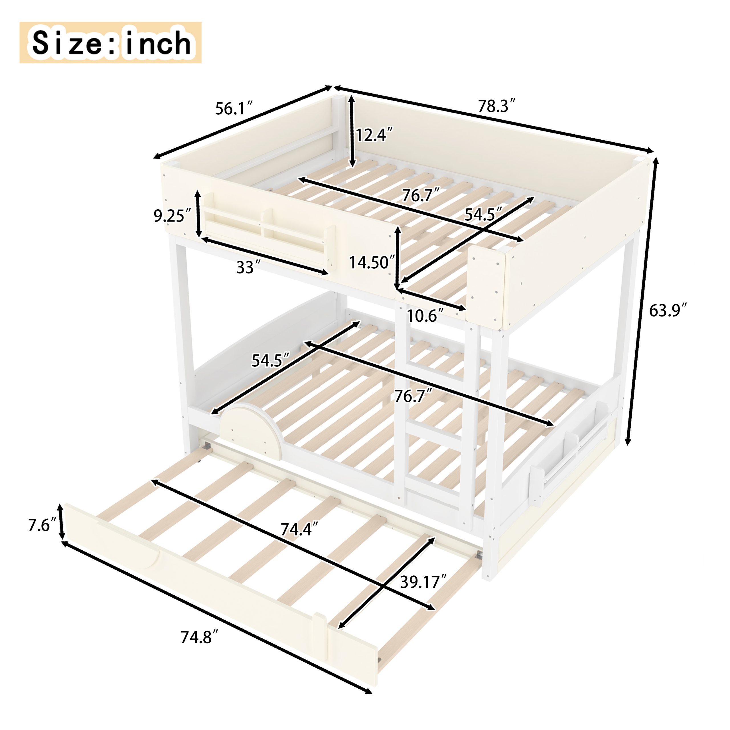 Full Bunk Bed with Trundle , Wood Bunk Bed Frame with Built-in Bookshelf and High-quality Safety Guardrail,Automobile Form Design for Kids ,White＆ Beige. - Image 4