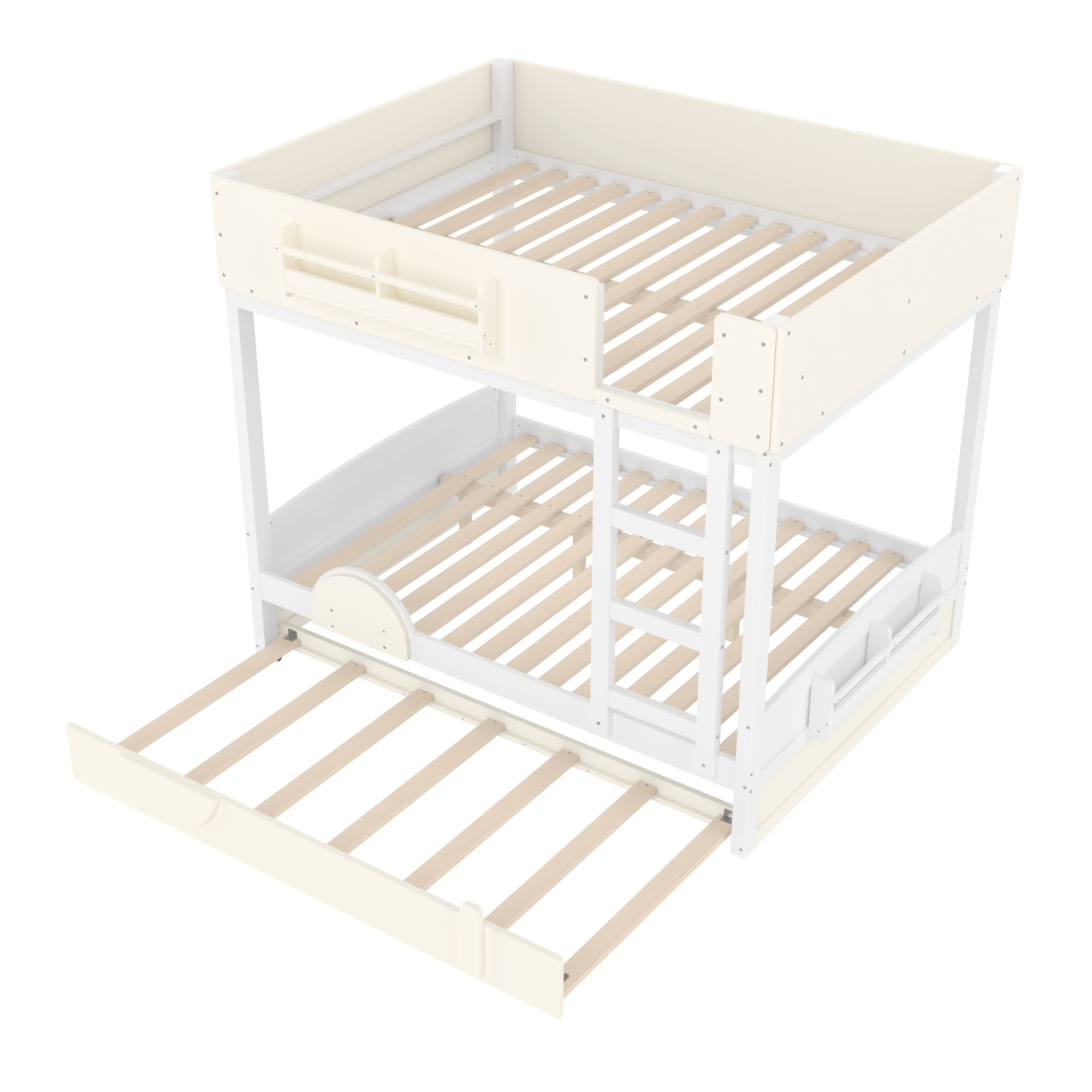 Full Bunk Bed with Trundle , Wood Bunk Bed Frame with Built-in Bookshelf and High-quality Safety Guardrail,Automobile Form Design for Kids ,White＆ Beige. - Image 5
