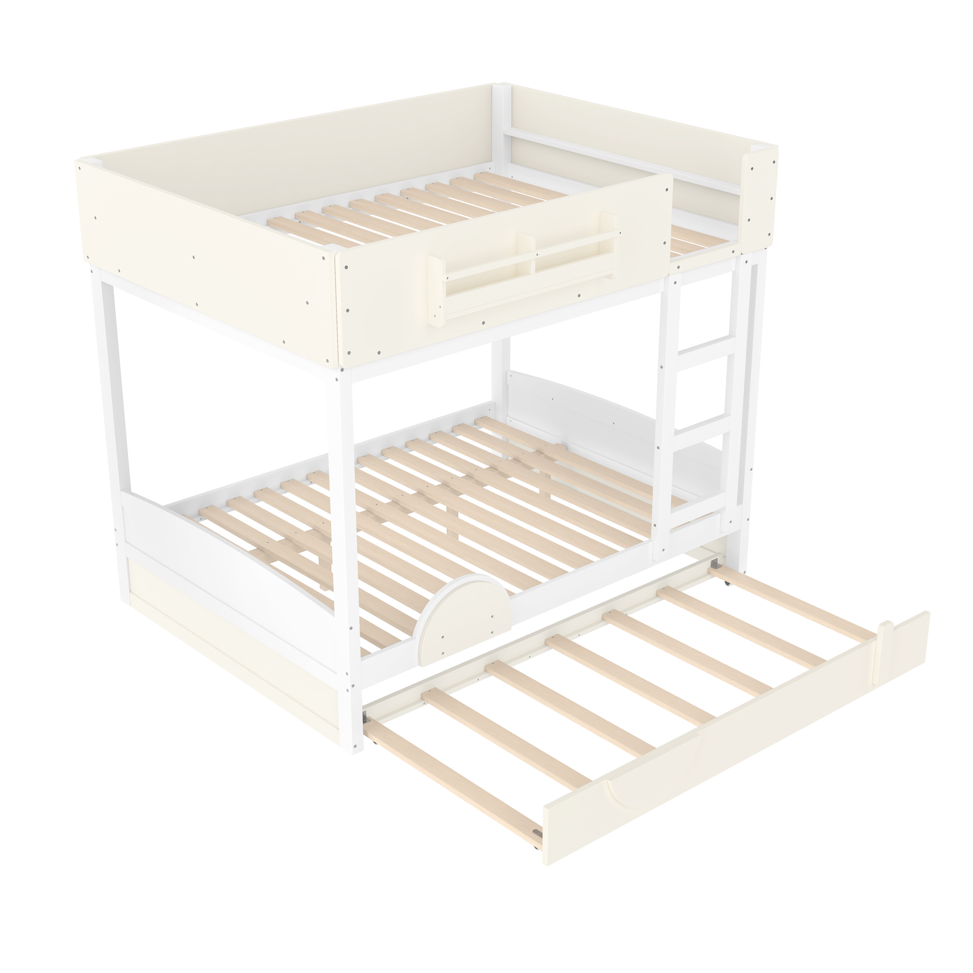 Full Bunk Bed with Trundle , Wood Bunk Bed Frame with Built-in Bookshelf and High-quality Safety Guardrail,Automobile Form Design for Kids ,White＆ Beige. - Image 6