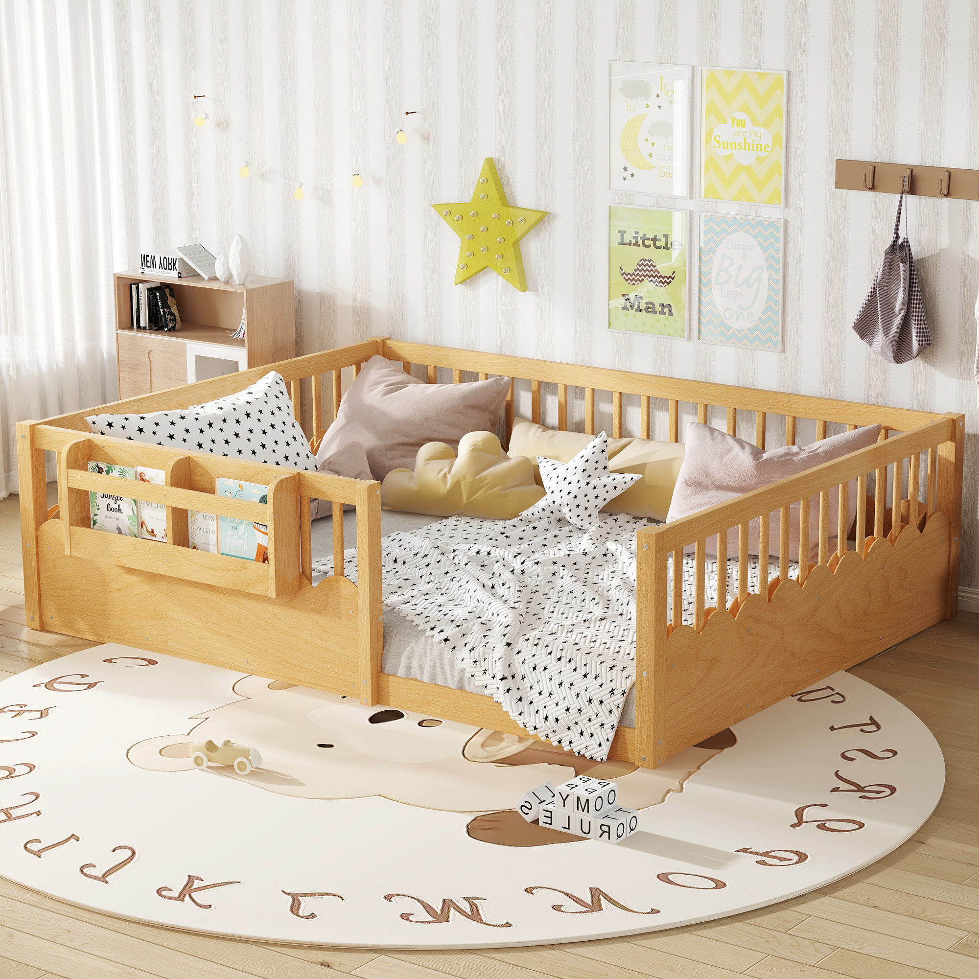 Queen Floor bed with Heightened Fence and bookshelf ,Wood Floor Bed for Kids, Natural. - Image 1