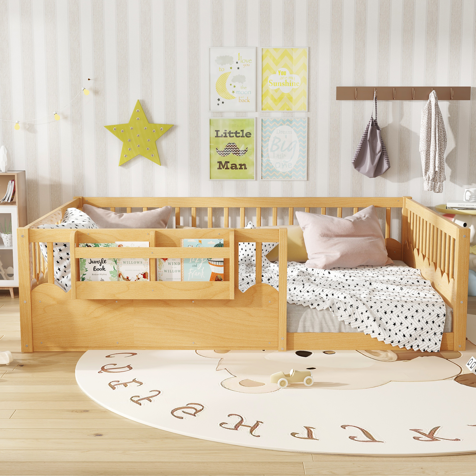 Queen Floor bed with Heightened Fence and bookshelf ,Wood Floor Bed for Kids, Natural. - Image 2