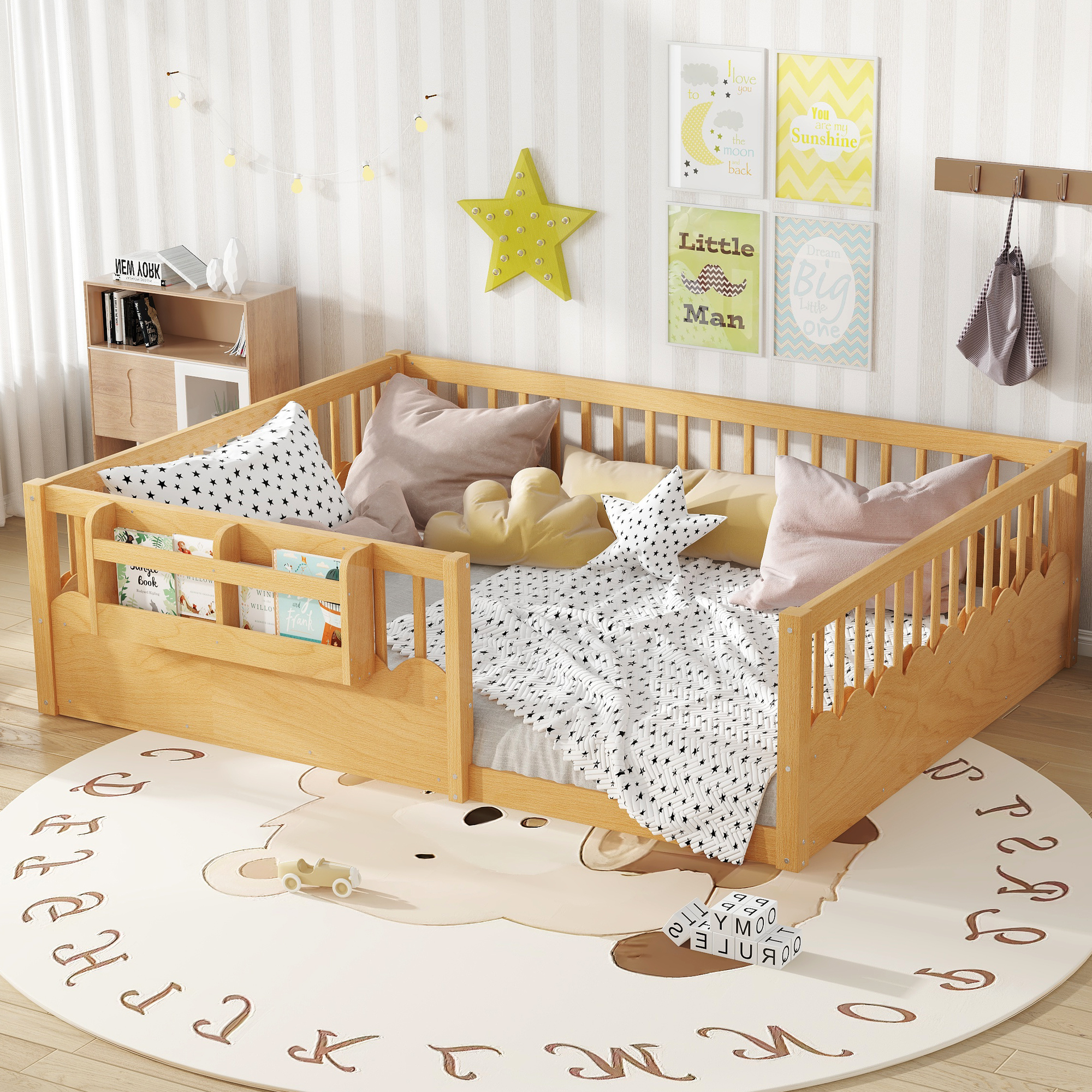 Queen Floor bed with Heightened Fence and bookshelf ,Wood Floor Bed for Kids, Natural. - Image 3