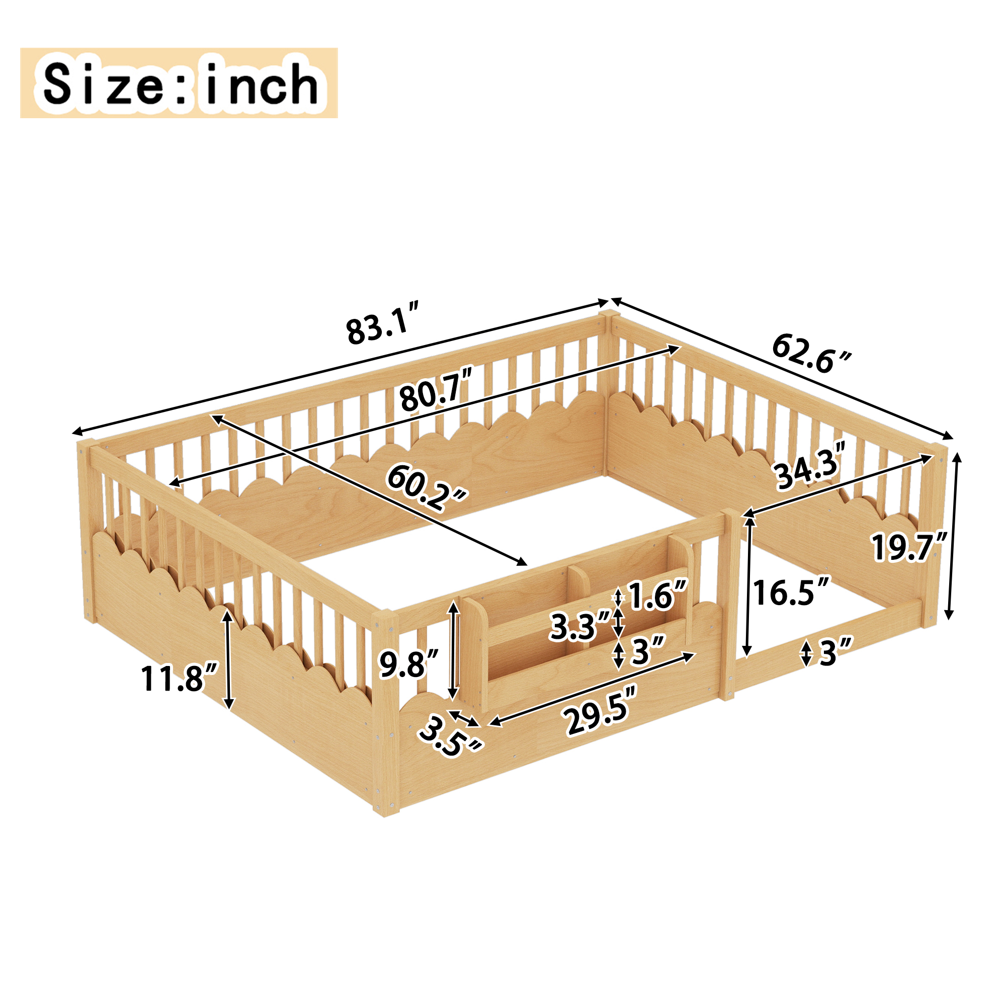 Queen Floor bed with Heightened Fence and bookshelf ,Wood Floor Bed for Kids, Natural. - Image 4