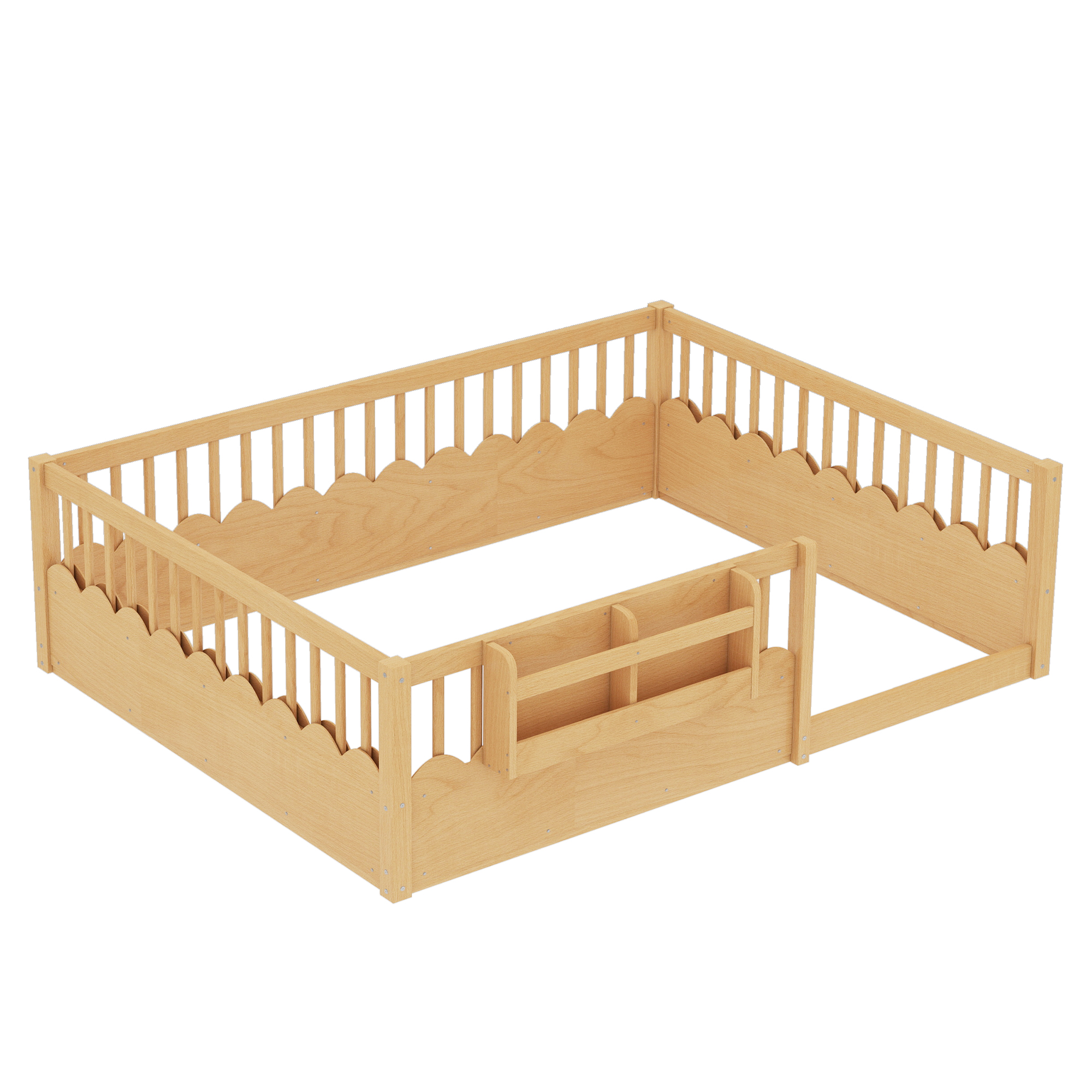 Queen Floor bed with Heightened Fence and bookshelf ,Wood Floor Bed for Kids, Natural. - Image 5