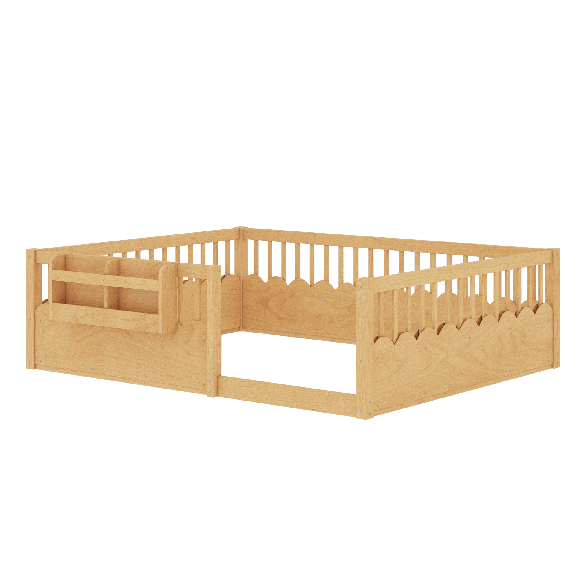 Queen Floor bed with Heightened Fence and bookshelf ,Wood Floor Bed for Kids, Natural. - Image 6