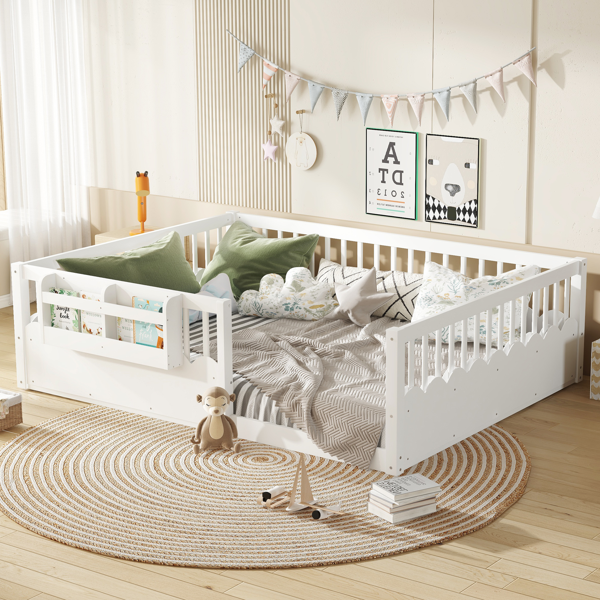 Queen Floor bed with Heightened Fence and bookshelf ,Wood Floor Bed for Kids, White. - Image 1
