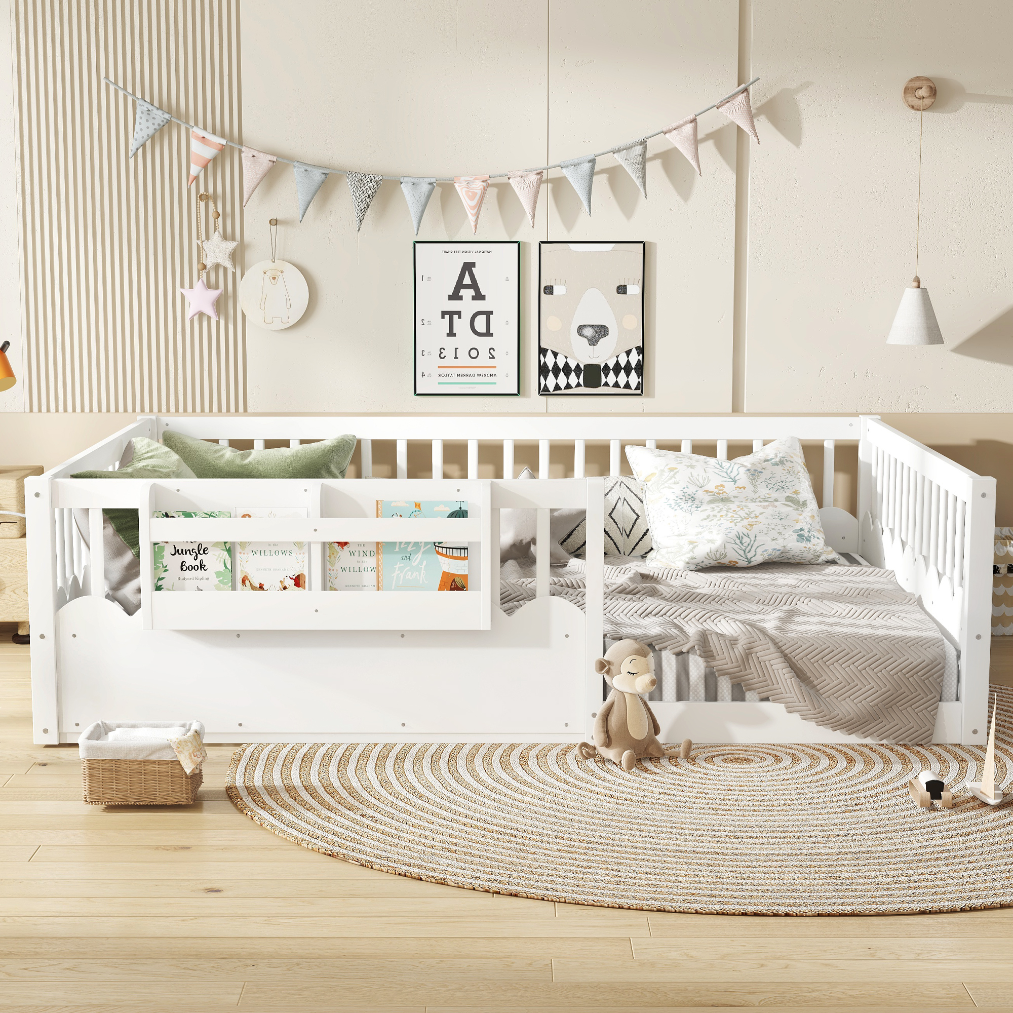 Queen Floor bed with Heightened Fence and bookshelf ,Wood Floor Bed for Kids, White. - Image 2